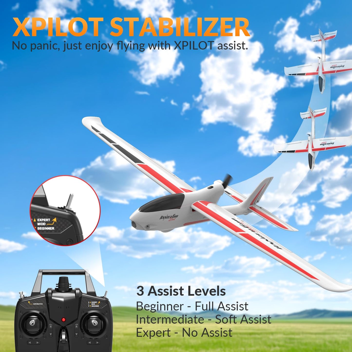volantexrc RC Glider Plane Ranger600 Stunt 4 CH Remote Control Airplane RTF with 6-Axis Gyro & 3 Modes Easy to Fly, 2.4GHz Radio Controlled Aircraft for Beginners & Adults (White)