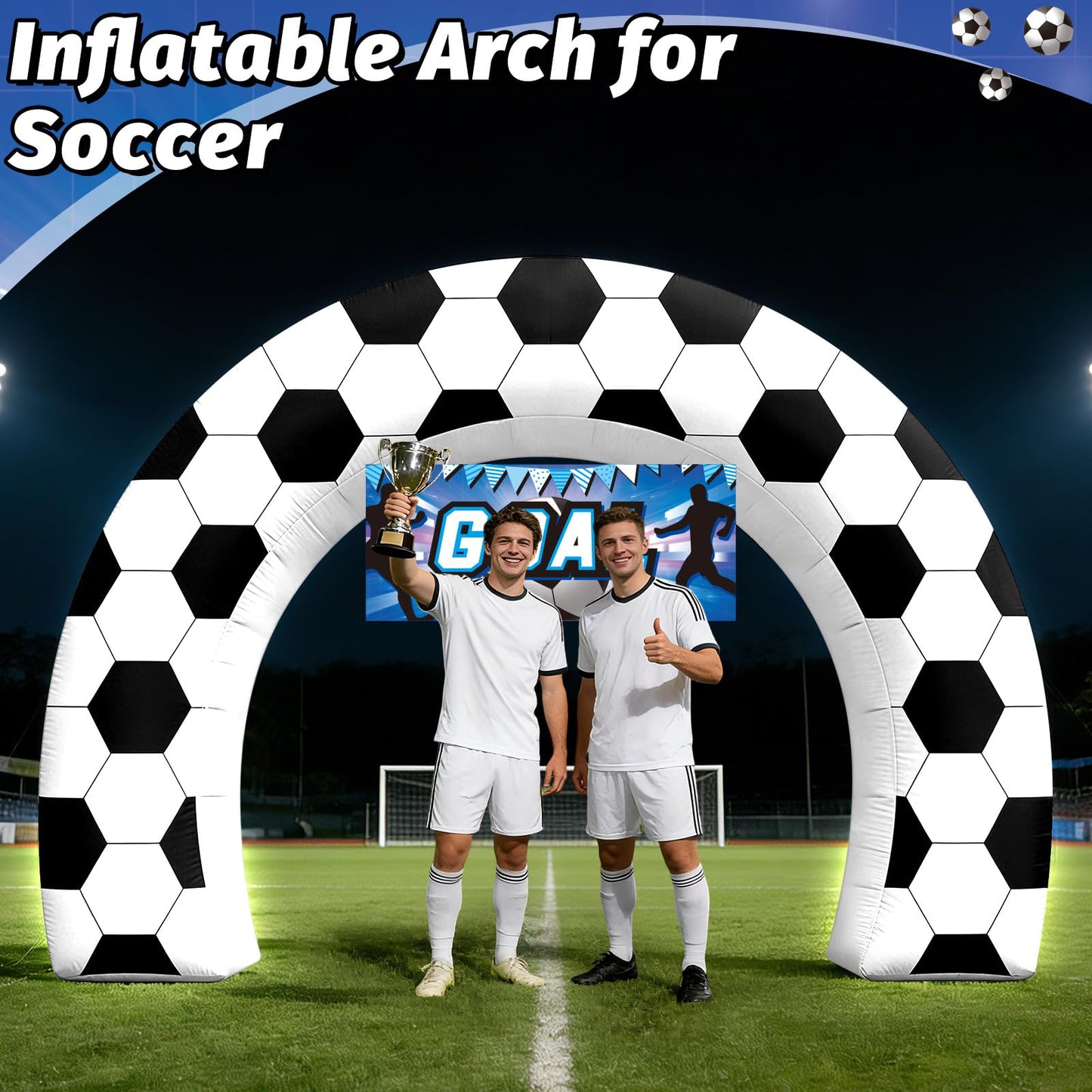 8FT Giant Soccer Inflatable Arch, Match Day Viewing Party Decorations for Fans, Soccer Sports Tournament Game Day Photo Backdrop with 1 Blower, 2 Banners & 3 LED Lights, Birthday Party Blow-Up Decor