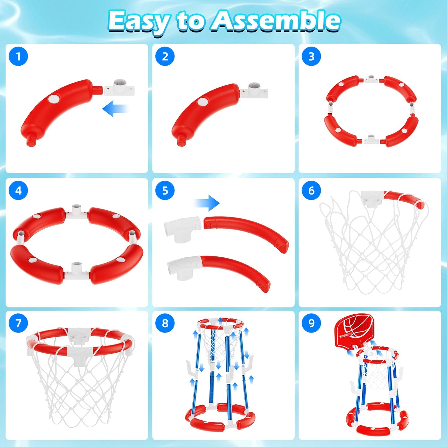 Pool Basketball Hoop with Backboard, Floating Pool Toys for 3-12 Years Old Kids Ring Game with 4 Balls 8 Rings & Pump Outdoor Swimming Pool Basketball Games Water Play Toy Family Party for Kids Adults