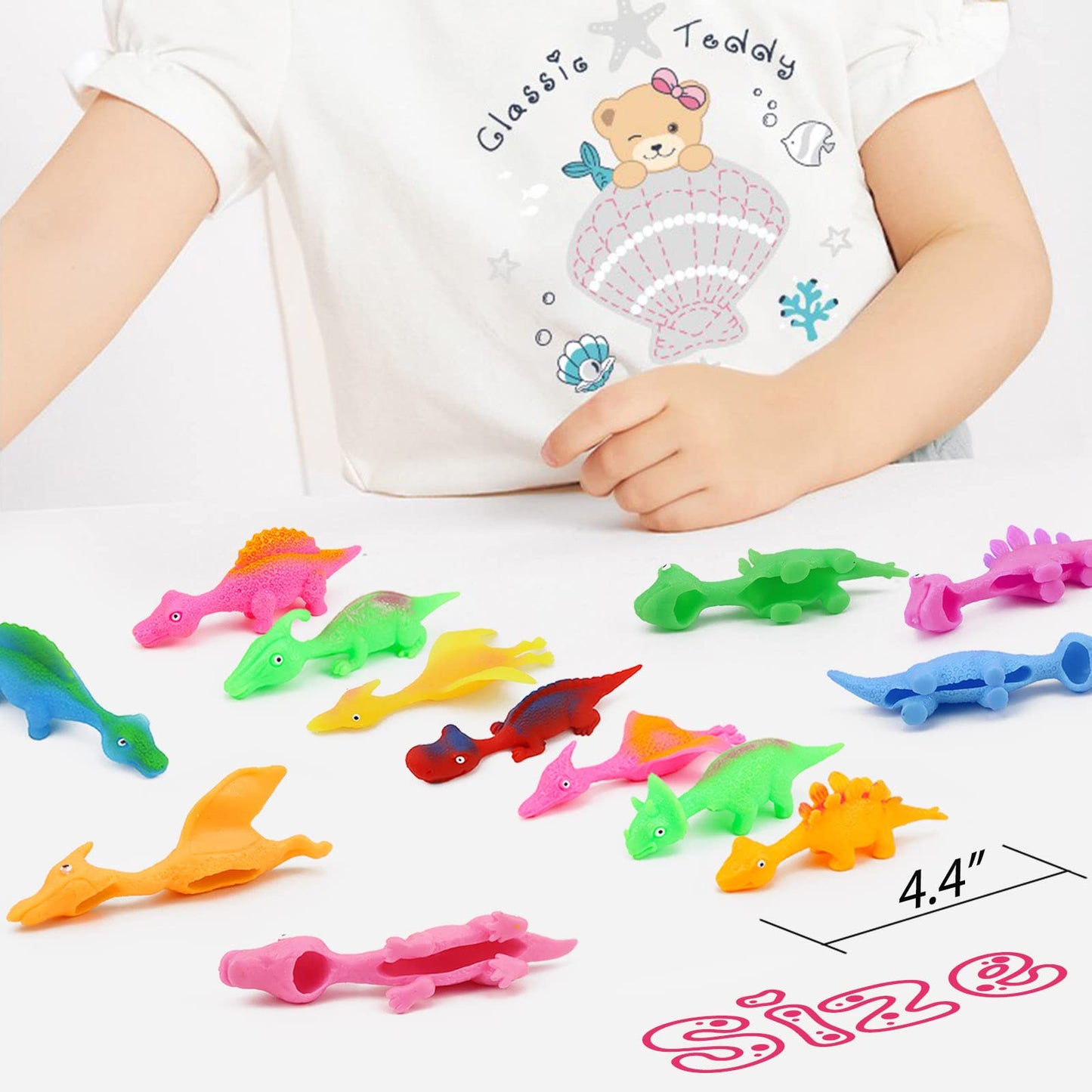 Pushmick 30 Pcs Slingshot Dinosaur Finger Toys, catapult toys as fun as slingshot chicken, cute shapes, more colors, Great for Flying Games and Party Favors.