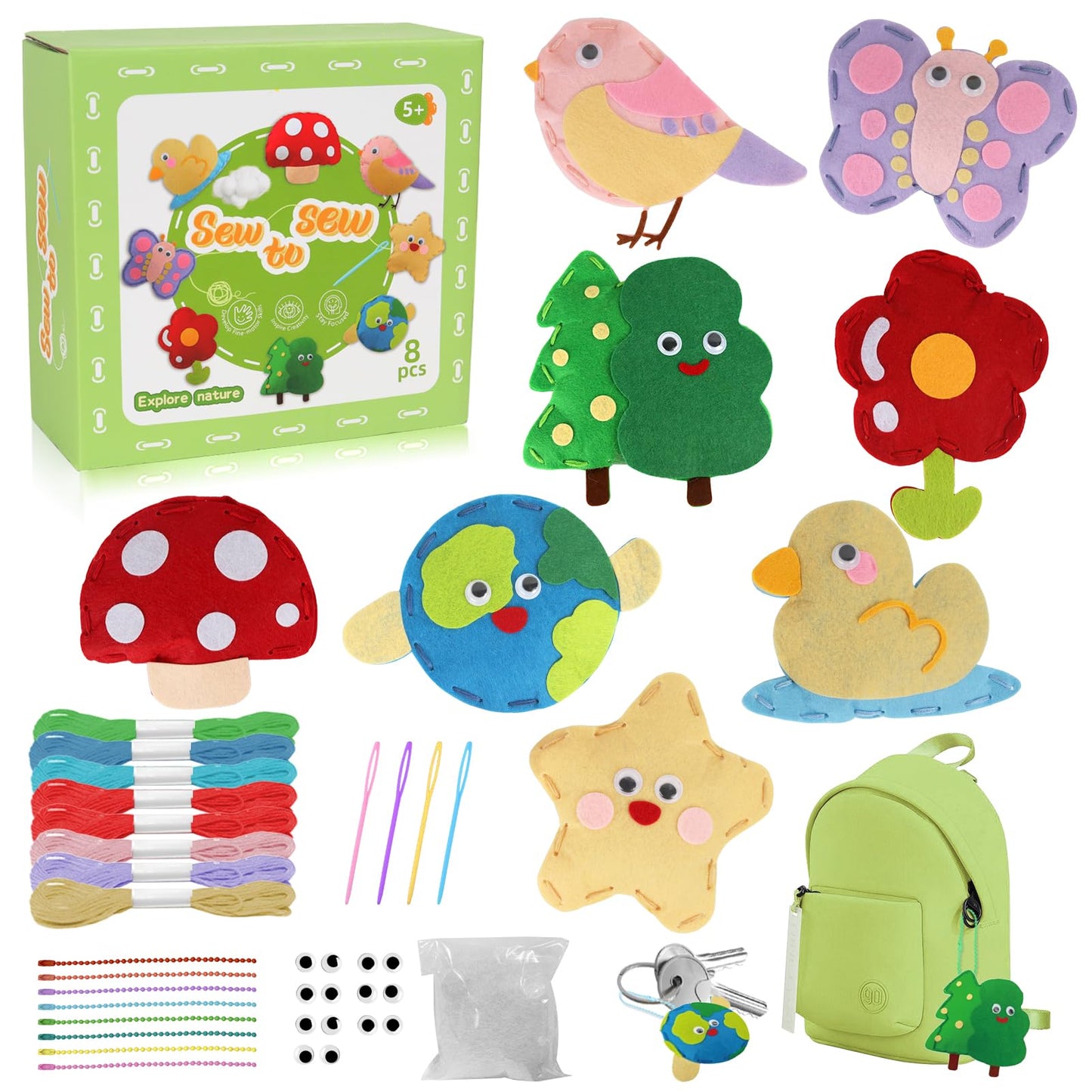 Nature Sewing Kits for Beginners, DIY 8 Stuffed Forest, Butterfly Making Easy Felt Sewing Fun Craft Set, Educational Learn to Sew Gifts for Kids Age 5 6 7 8 9 10 11 12, Instruction & Felt Materials