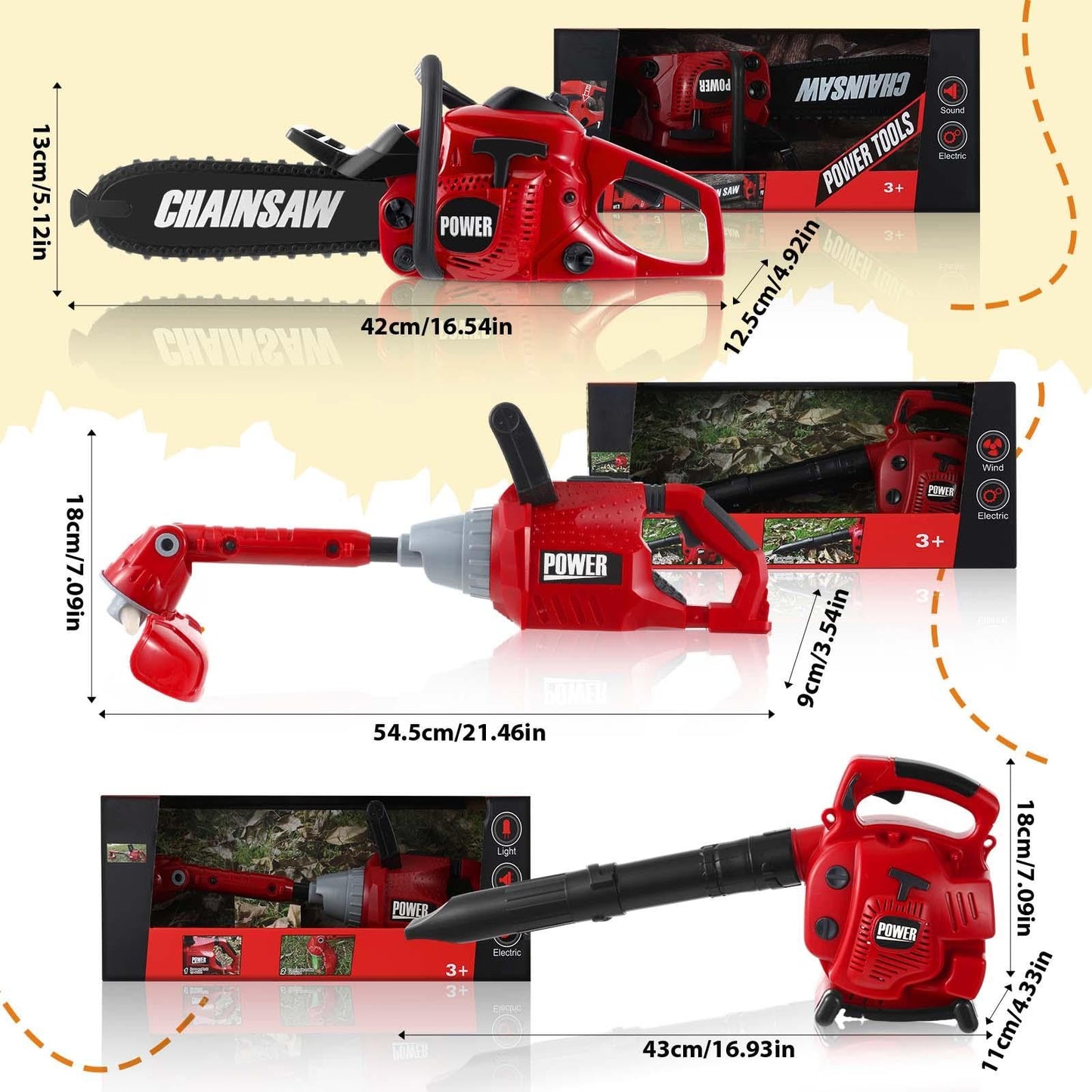 Arrowbash 3-in-1 Kids Gardening Toy Set, Toy Leaf Blower & Kids Chainsaw & Weed Trimmer with Realistic Sound, Outdoor Backyard Play Educational Learning Birthday Summer Gift for 3-8 Boys Girls