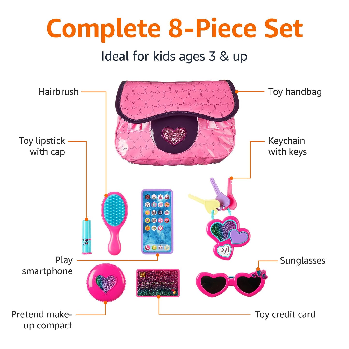 Amazon Basics 8-Piece Pretend Play Purse Toy with Accessories for Girls Ages 3 and Up, Kids Toy Handbag Gift Set Including Smartphone, Sunglasses, Pretend Makeup Kit, Keys and Credit Card, Pink