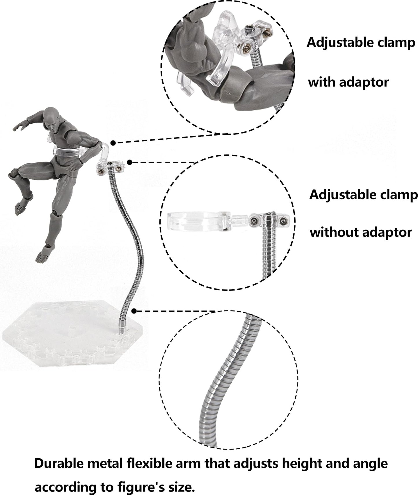 Action Figure Stand with Flexible Metal Arm,Action Figure Pose Display Holder Base,Flight Stands for Action Figures Compatible with HG RG SD SHF Gundam 1/144 Toy with Screwdriver (8Pcs Clear)