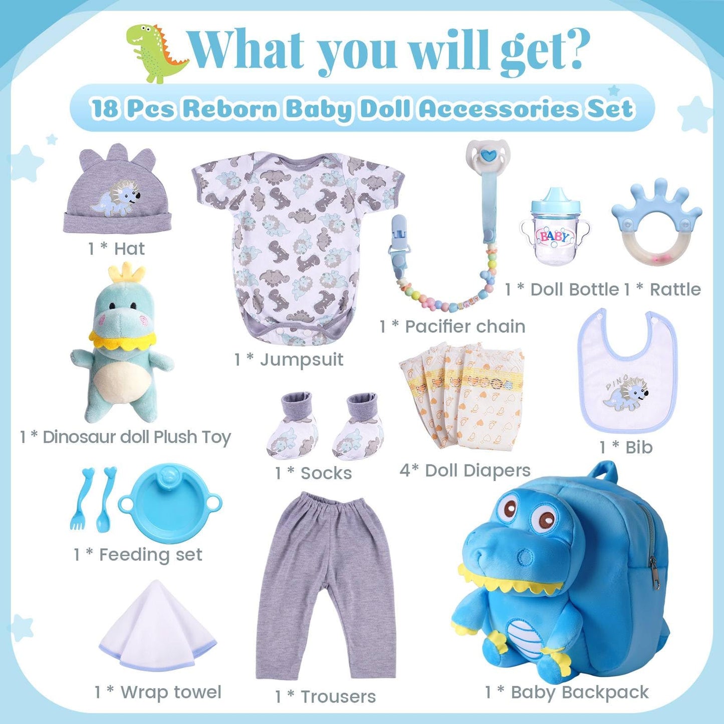 BABESIDE Baby Doll Accessories for 17-22 Inch Dolls – 18 Piecs Dinosaur Reborn Baby Doll Accessories Set with Baby Doll Clothes, Backpack, Feeding Set, Birthday Gift for Boys & Girls,No Doll