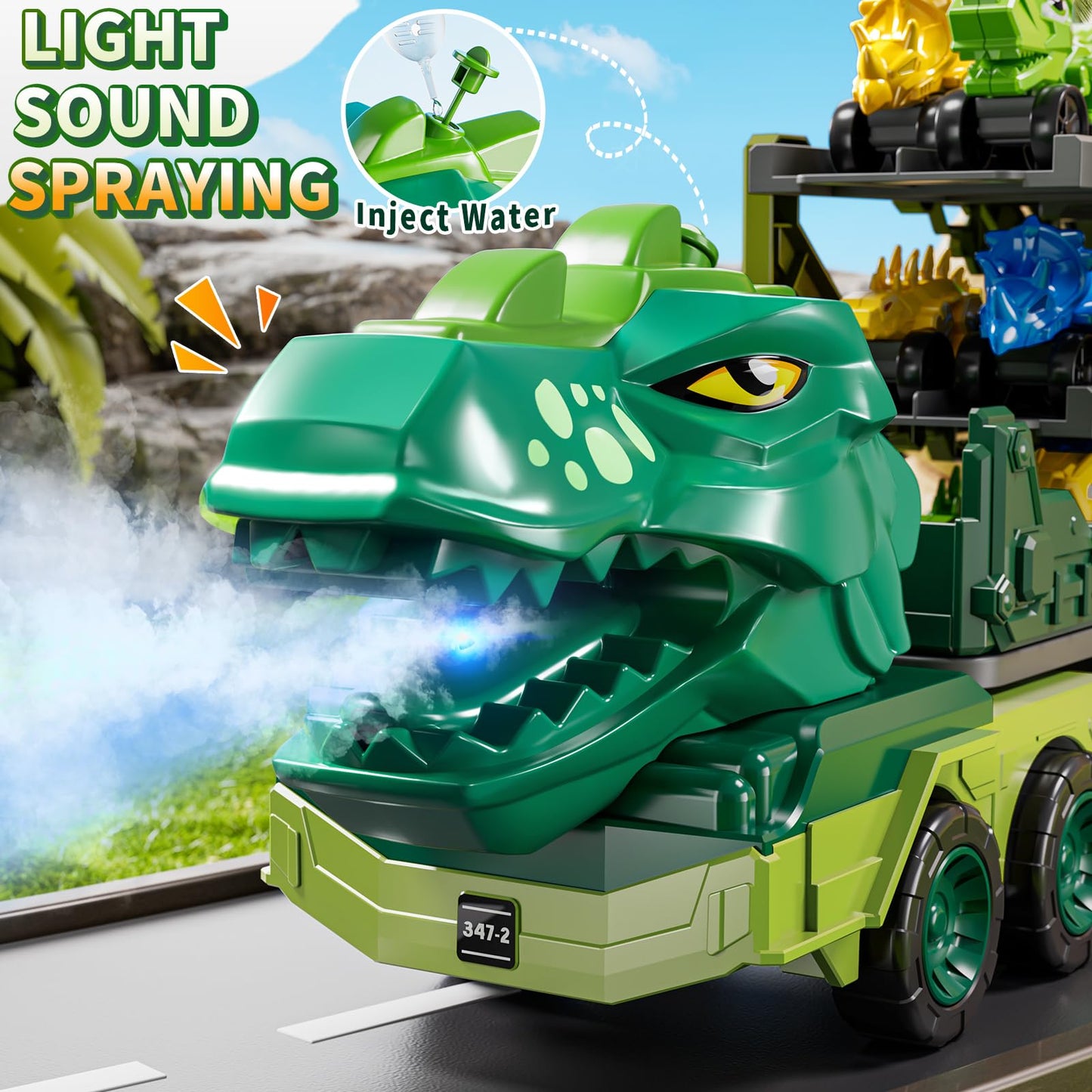 DULONIME 10 in 1 Dinosaur Truck Toys for Kids Aged 3-5 4-8 with Foldable Race Track, Carrier Truck with 9 Dinosaur Toy Car for Boys, Spraying, Light and Sound, Birthday Gifts for Girls Toddlers 5-7