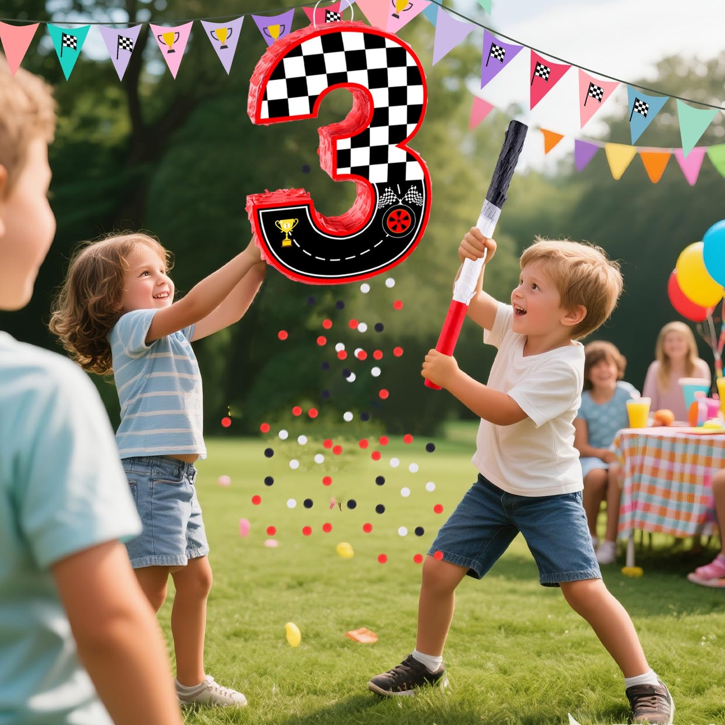 16 Inch Number 3 Race Car Pinata with 16 Inch Piñata Stick Blindfold Confetti for Boy Girl Kids 3rd Birthday Party Decorations(3rd)