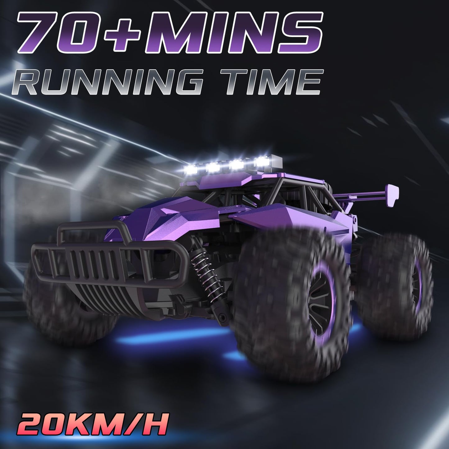 LARVEY 1:16 Scale Purple Remote Control Car, 20 Km/h High Speed Girls Remote Control Car Monster Vehicle with LED Headlights and Chassis Lights, RC Truck for Girls Boys and Adults