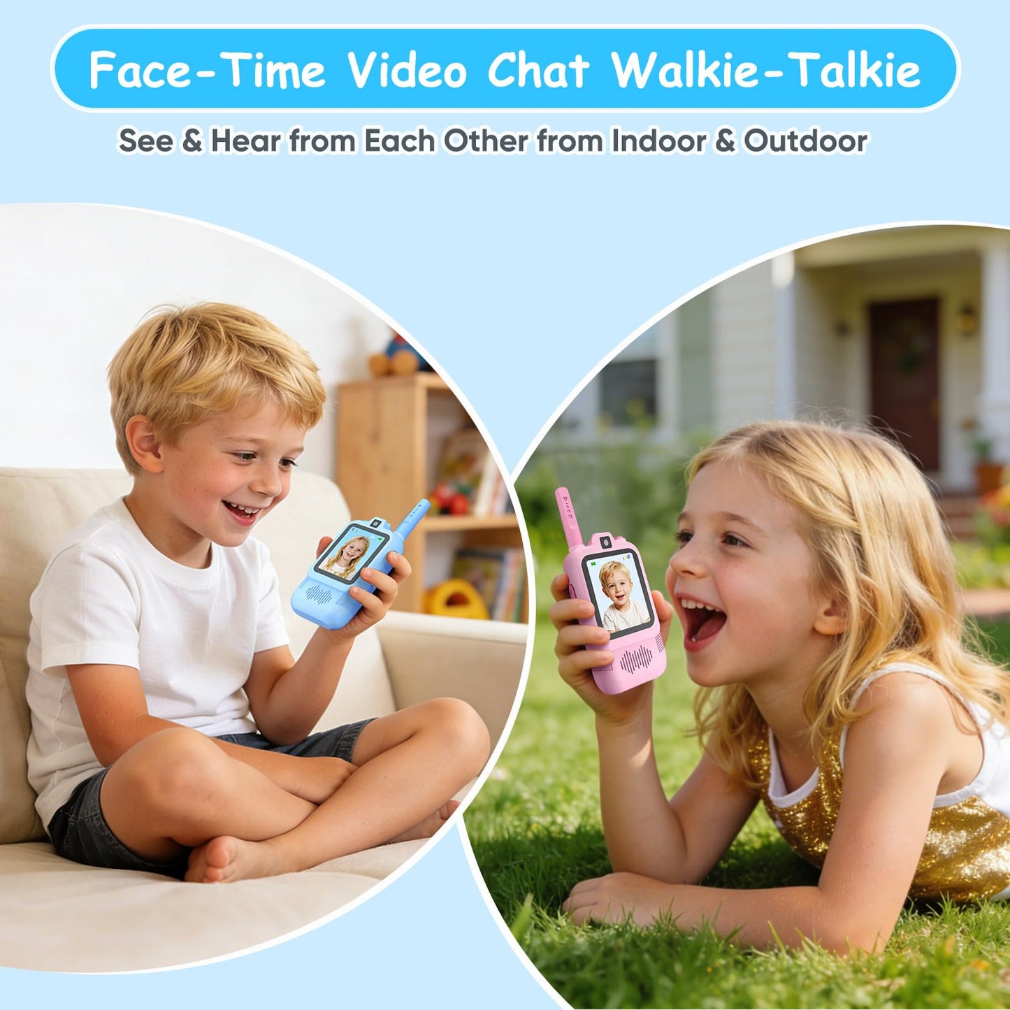 Video Walkie Talkies for Kids with Front and Rear Cameras, 2 Pack Long Range Rechargeable Kids Walkie Talkies with Video Call, Walkie Talkies Toy Gift for Indoor Outdoor Camping Hiking Boys Girls