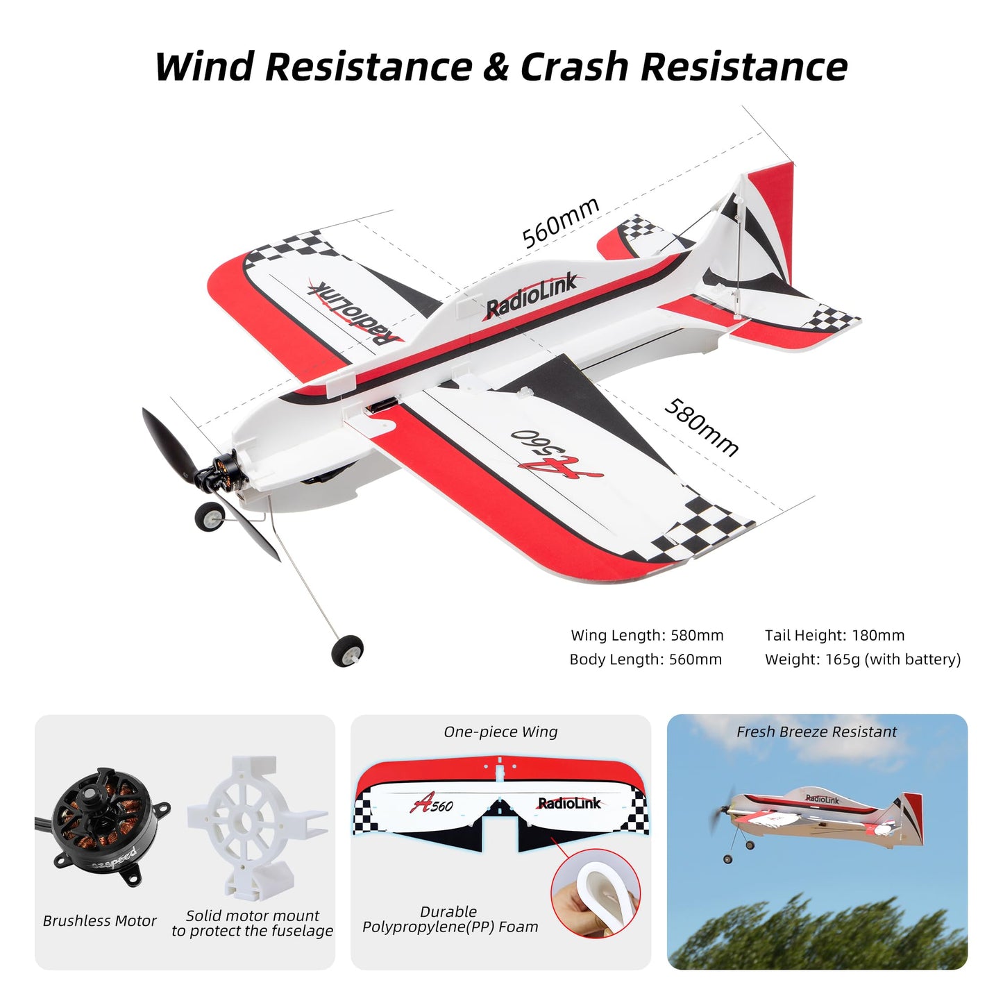 Radiolink A560 Plug & Play (PNP) 3D RC Airplane 580mm Wingspan with 6 Flight Modes, 4 Channels Gyro Byme-A Flight Controller, Brushless Motor&ESC for Beginner & Experienced (No Radio/Receiver/Charger)