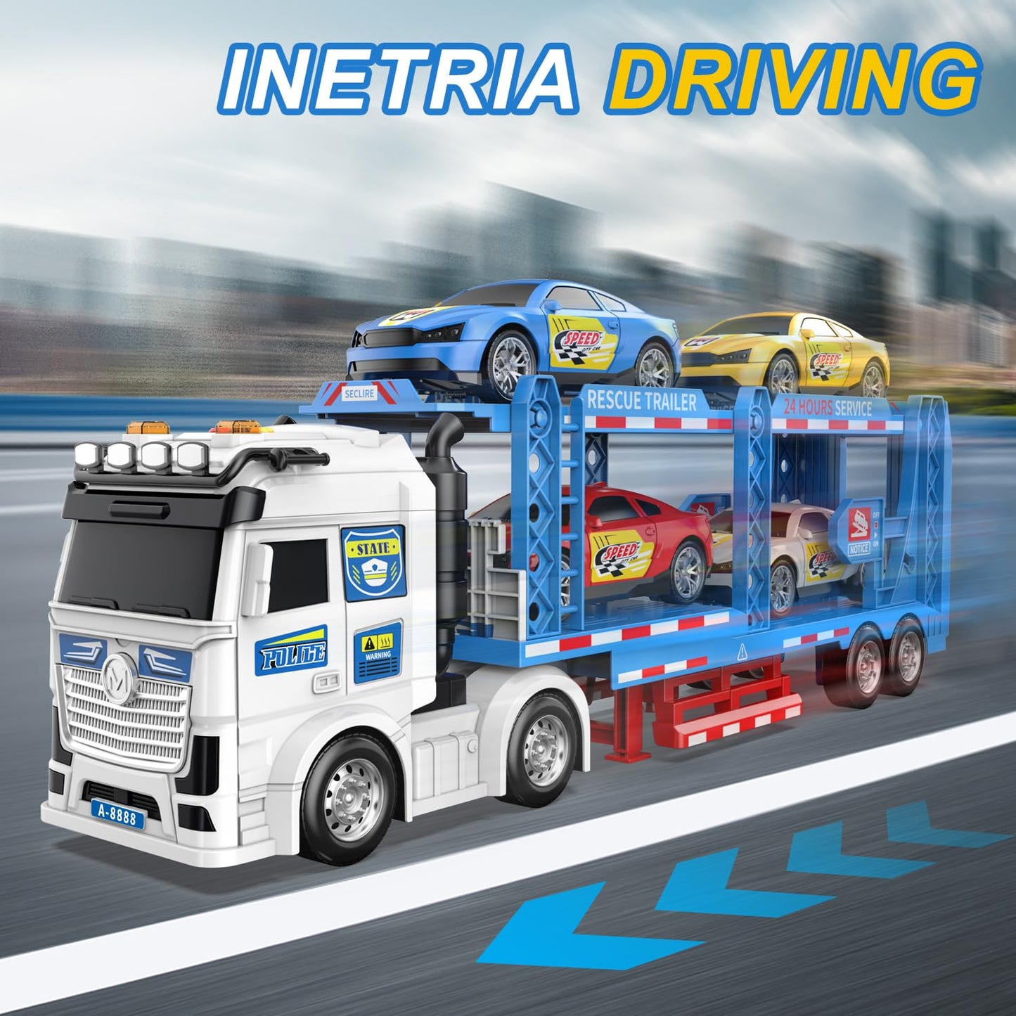 DOWELLIN Carrier Truck Race Car Toys for 3 4 5 6 7 Years Kids, 21.5" Friction Powered Double Layer Semi Transport Truck Toy with 4 Racing Cars, Lights&Sounds Vehical Toys, Xmas Gift for Boy Girl-Blue