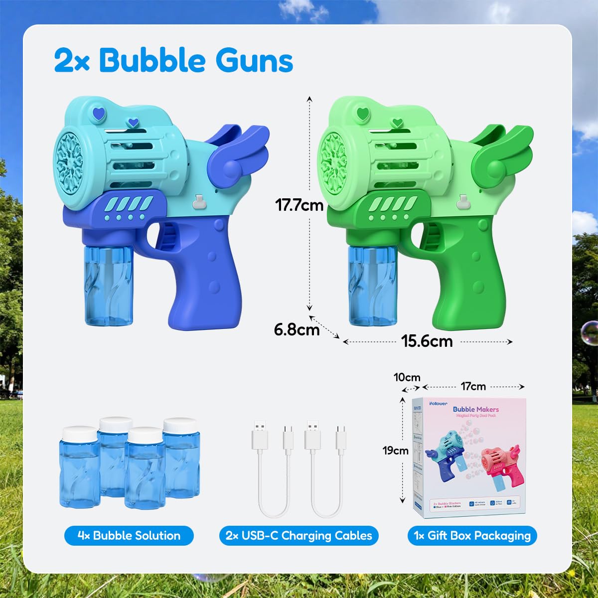2 Pack Rechargeable Bubble Gun with 4 Bottles Solution, Bubbles Machine Blower Guns Toys with LED Lights for Toddlers Kids 3-12, Summer Toy, Party Favors, Easter, Birthday Gift