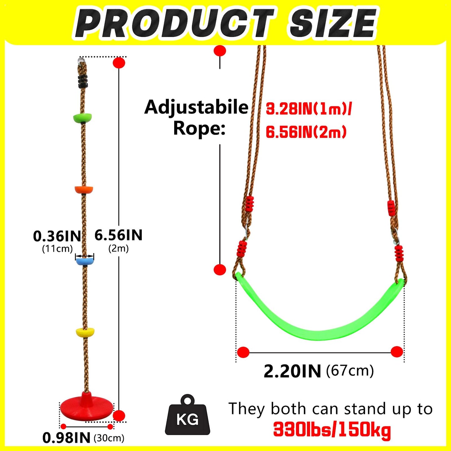 Tree Swing Climbing Rope 2 Pack Multicolor with Platforms Red Disc Swings Seat - Outdoor Playground Set Accessories Tree House Flying Saucer Outside Toys - Bonus Carabiner and 4 Feet Strap