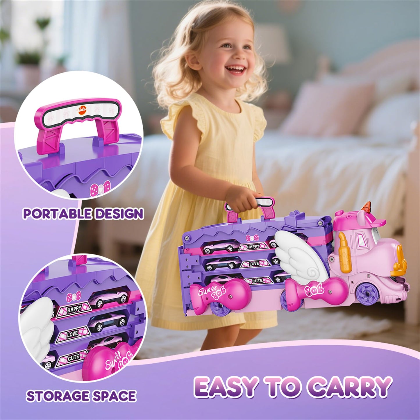 VATOS Toddler Truck Car Toys for 3 4 5 6 Year Old Girls, Foldable Race Track Toy with 6 Race Cars, Portable Transport Carrier Truck with Light & Music, Princess Toys Cars Gift for Kids Girls