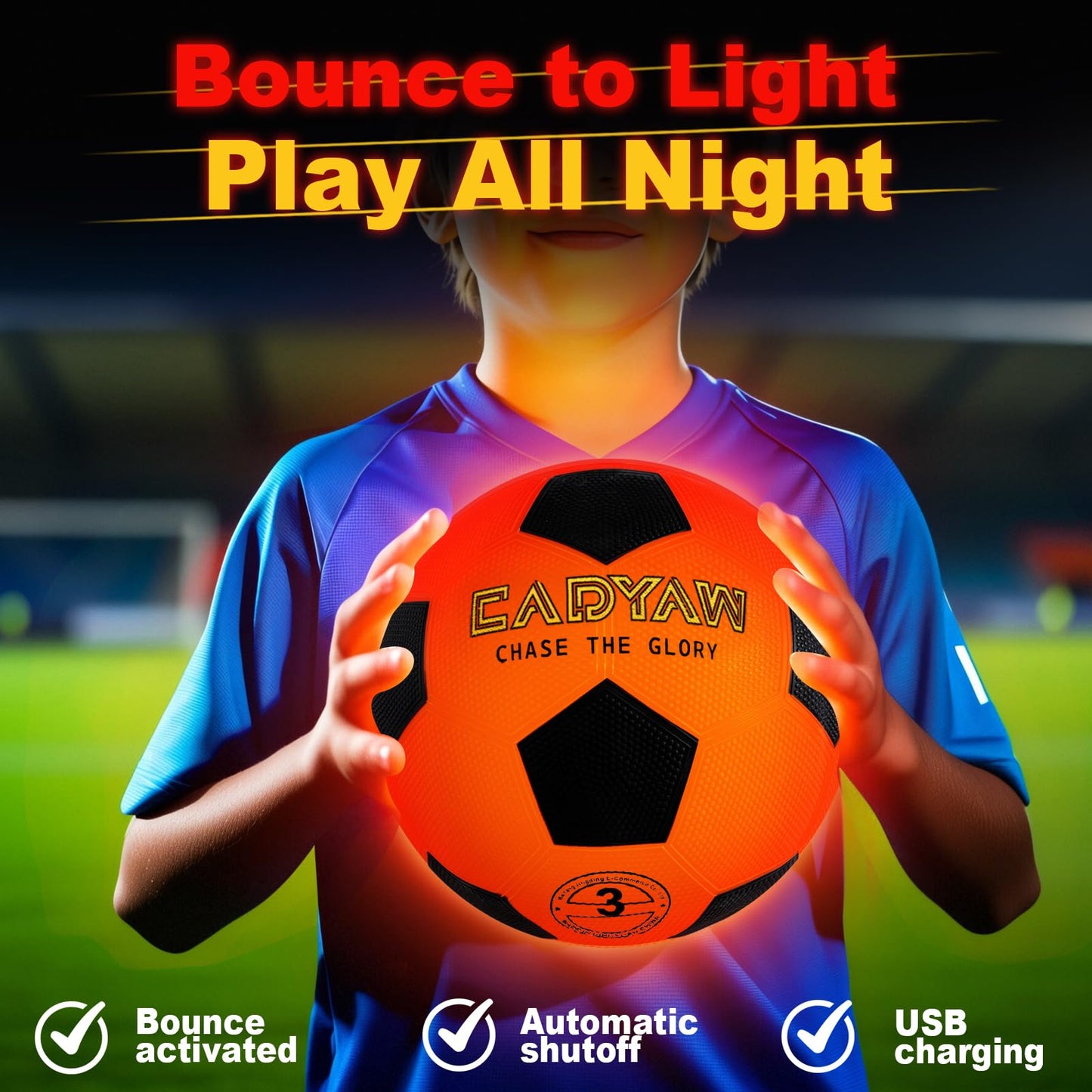 Cadyaw Glow in The Dark Soccer Ball, Rechargeable Light up Soccer Toys, Birthday Gift for Boys and Girls 3-12, Cool Toys for Kids Outdoor Night Activity - Size 3