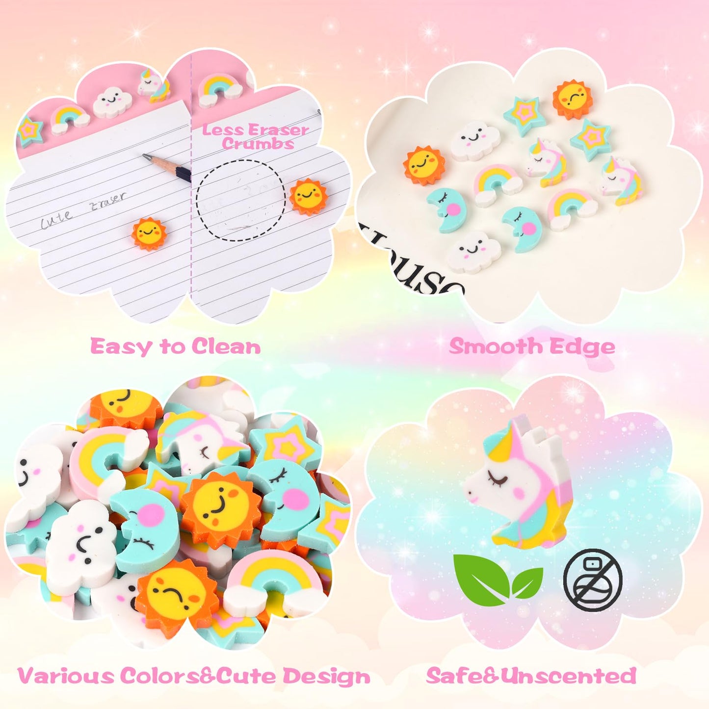 Wolpoark Unicorn Erasers for Kids 48pcs Bulk Rainbow Moon Star Cute Novelty Pencil Erasers for Thanksgiving Girls Student Ofiice Back to School Supplies Classroom Prizes Party Favors