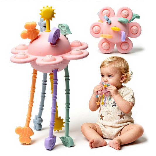 Little Rawr Silicone Baby Sensory Montessori Toys & Pull String Toys for 18 M+, Toddler Birthday Gift Car Seat Airplane Travel Toy for 1 2 Year Old Boy Girl Infant 18 Months Old (Pink)