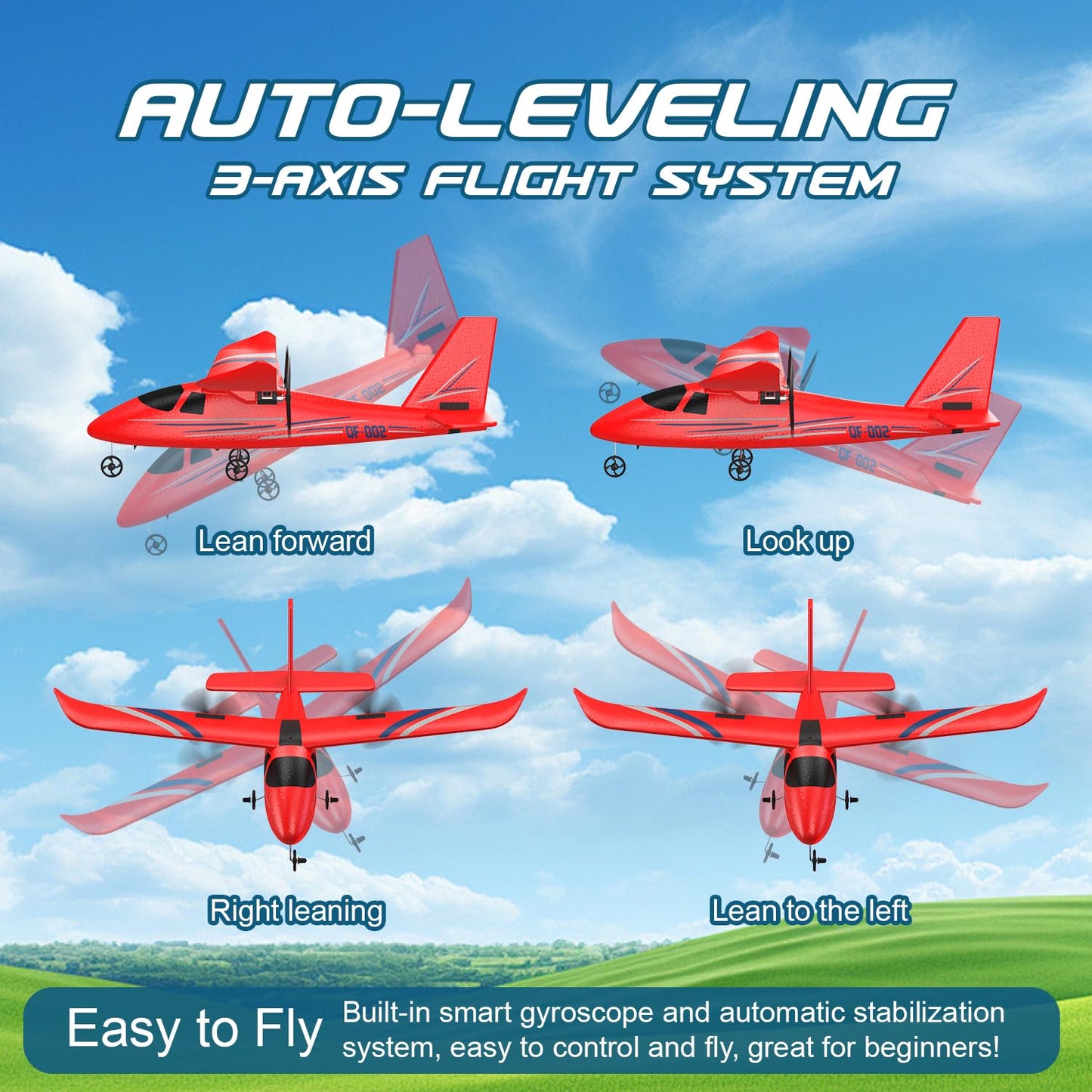 HRZPACT RC Airplane, 2.4GHZ Remote Control Airplane 2CH RC Plane, Hobby RC Airplanes Toy W/ 3 Batteries & Gyro Stabilizer, Easy to Fly for Beginners Kids Boys Girls Adults (Red)