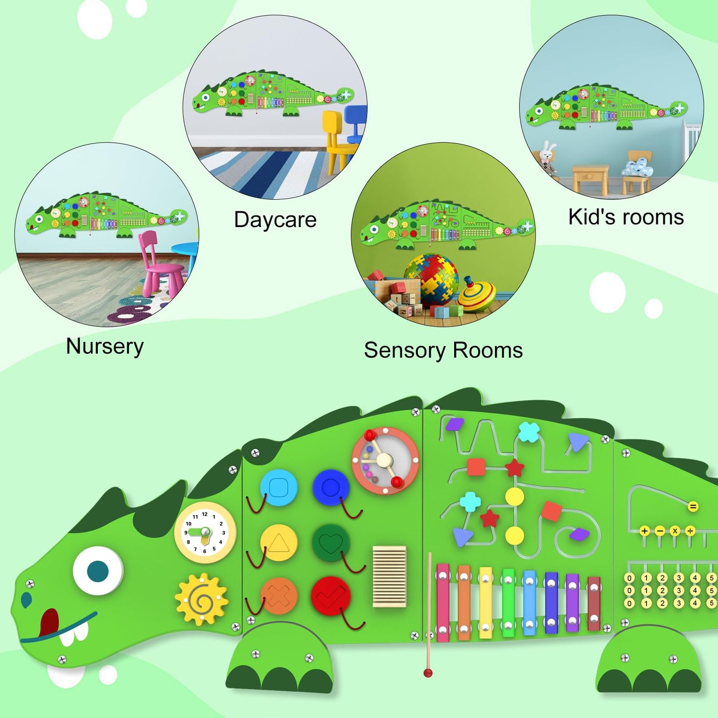 Sinpedex Activity Wall Panels for Kids: Dinosaur Sensory Wall Board for 3+ Years with 10 Activities - Wooden Decor for Toddler Playrooms Bedrooms Daycares