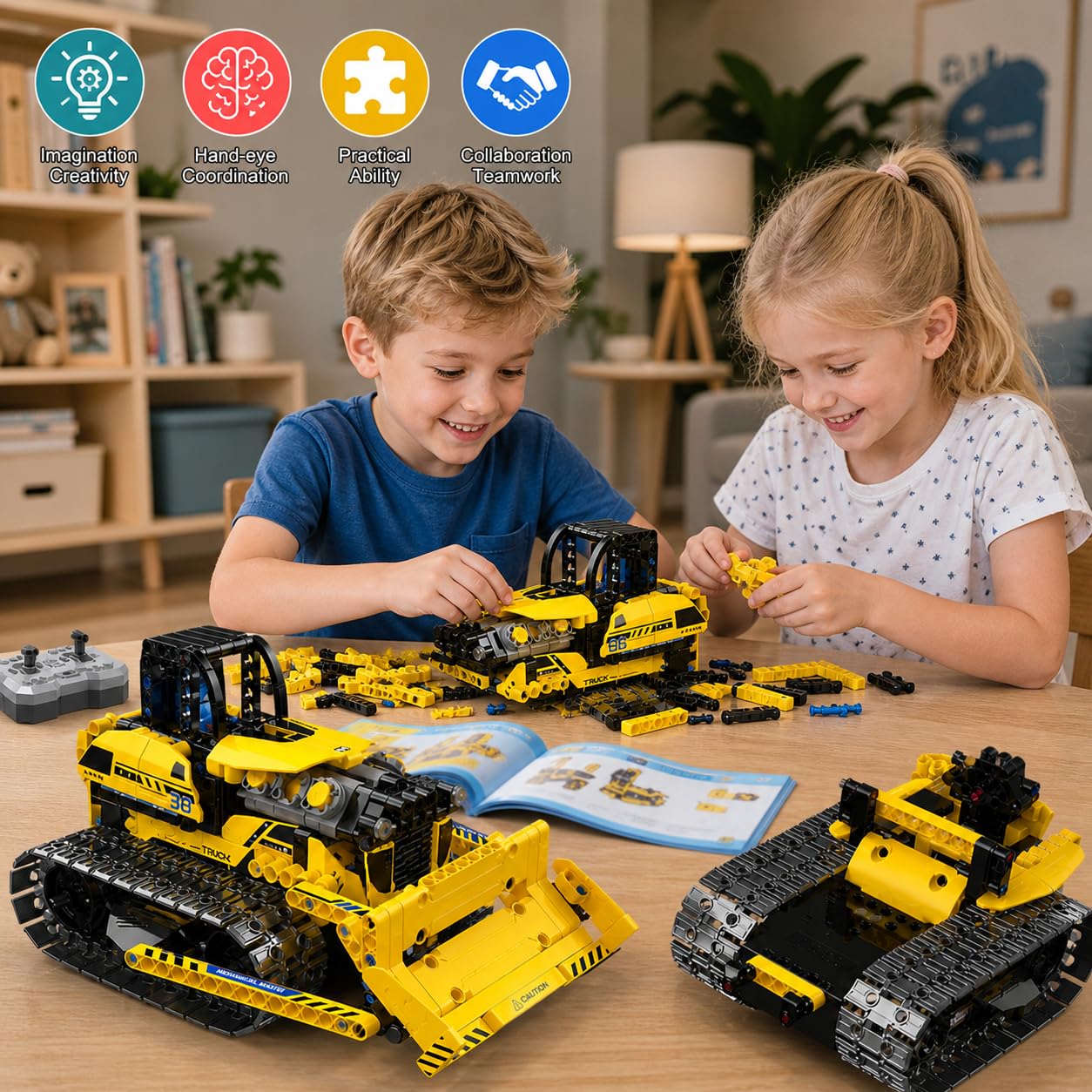 zinat 3 in 1 RC Bulldozer Building Set, STEM Construction Vehicle Kit with App & Remote Control, Tracked Engineering Toy Gift for Kids Boys Girls Ages 6+ - 452Pcs