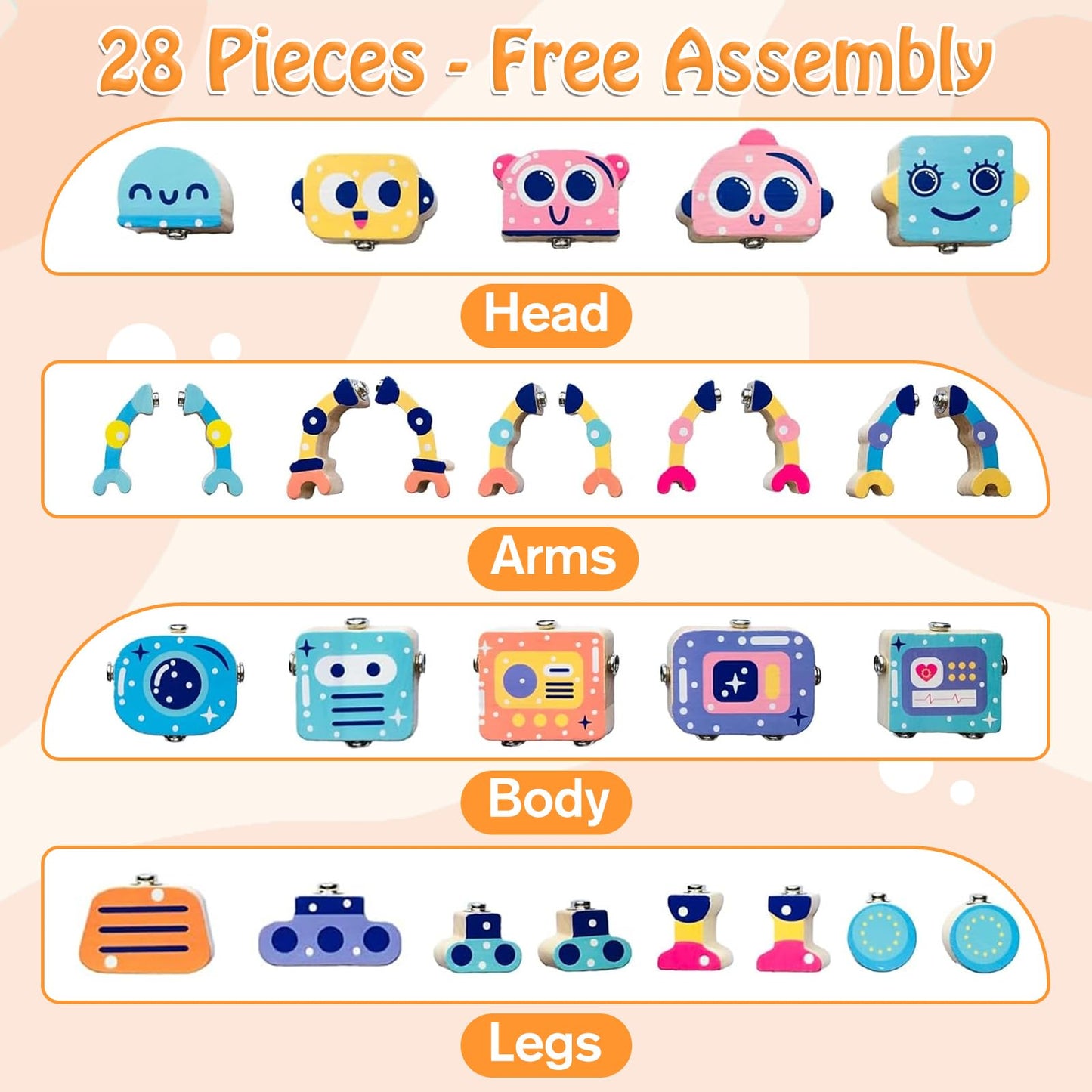 Robots Wooden Snap-Together Building Toys – 28-Piece STEM Montessori Educational Blocks for Toddlers Ages 3–6 | Fine Motor Skills Development | Safe, Durable, Creative Robot Toys Gift for Kids