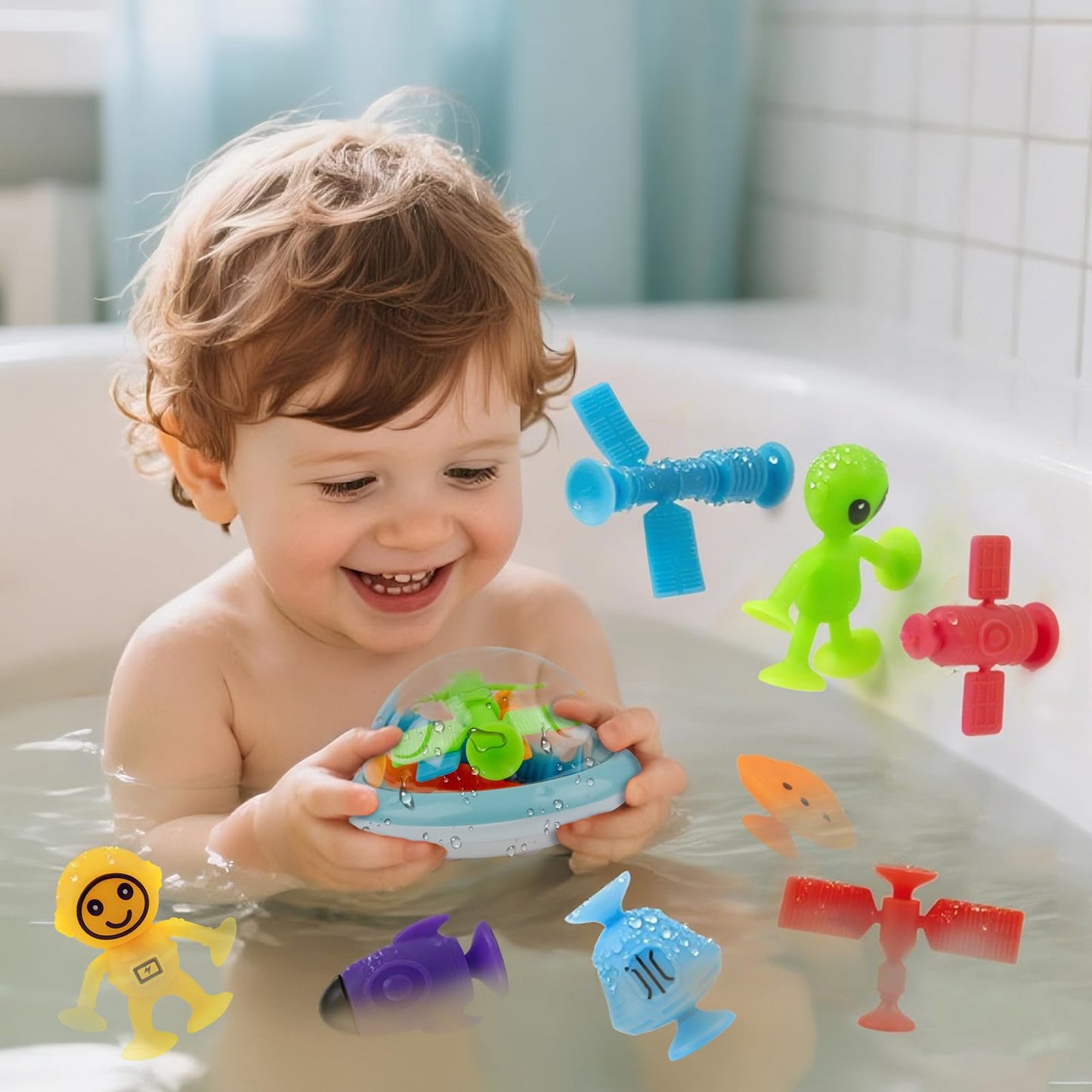 ChuburD Suction Bath Toys, Bathtub Toys, Sensory Toy, Interesting Space Set with Alien and Space Station, for 3 and up