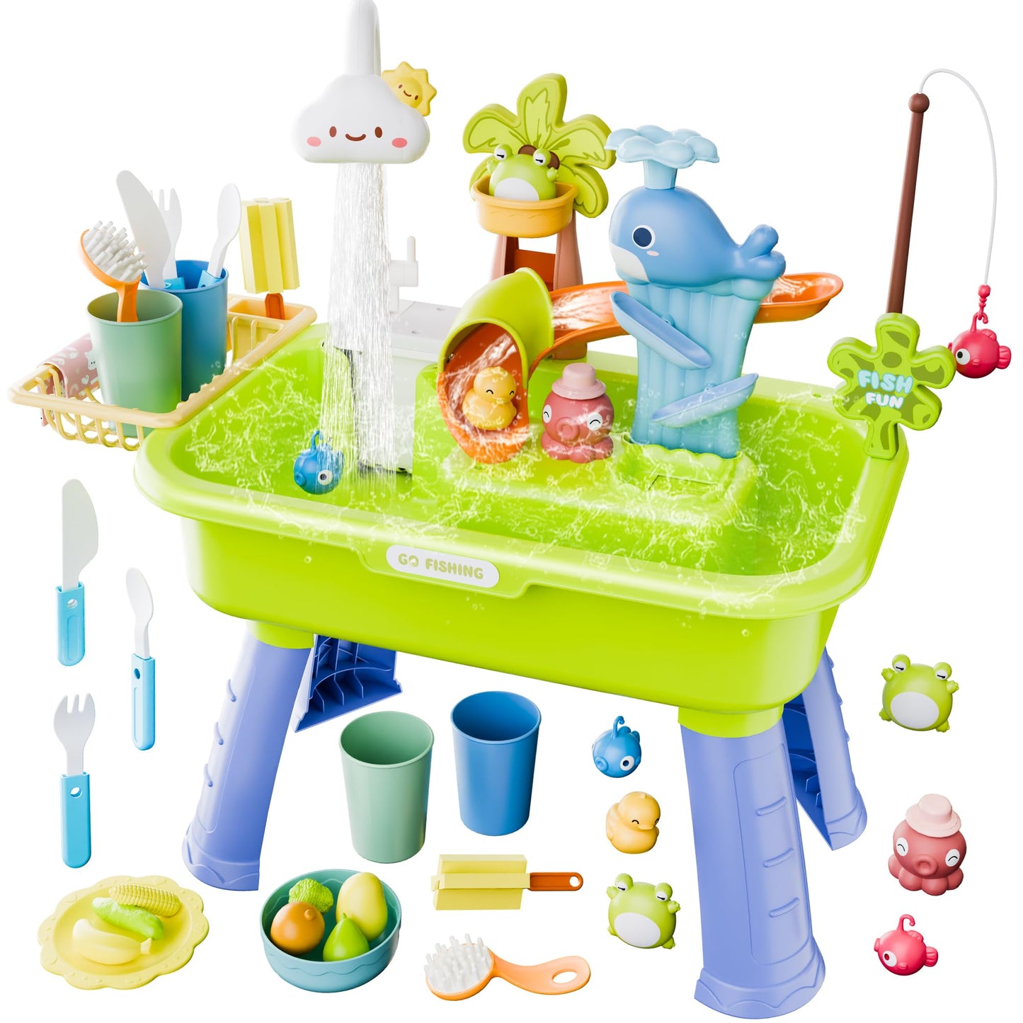 Cosminy 2026 Upgraded Water Table for Toddlers 1-3, Kids Play Sink with Running Water, Toddler Kitchen Sink Toy with Pump, Fishing Game & Sensory Water Play Toys for Boys Girls (Green)