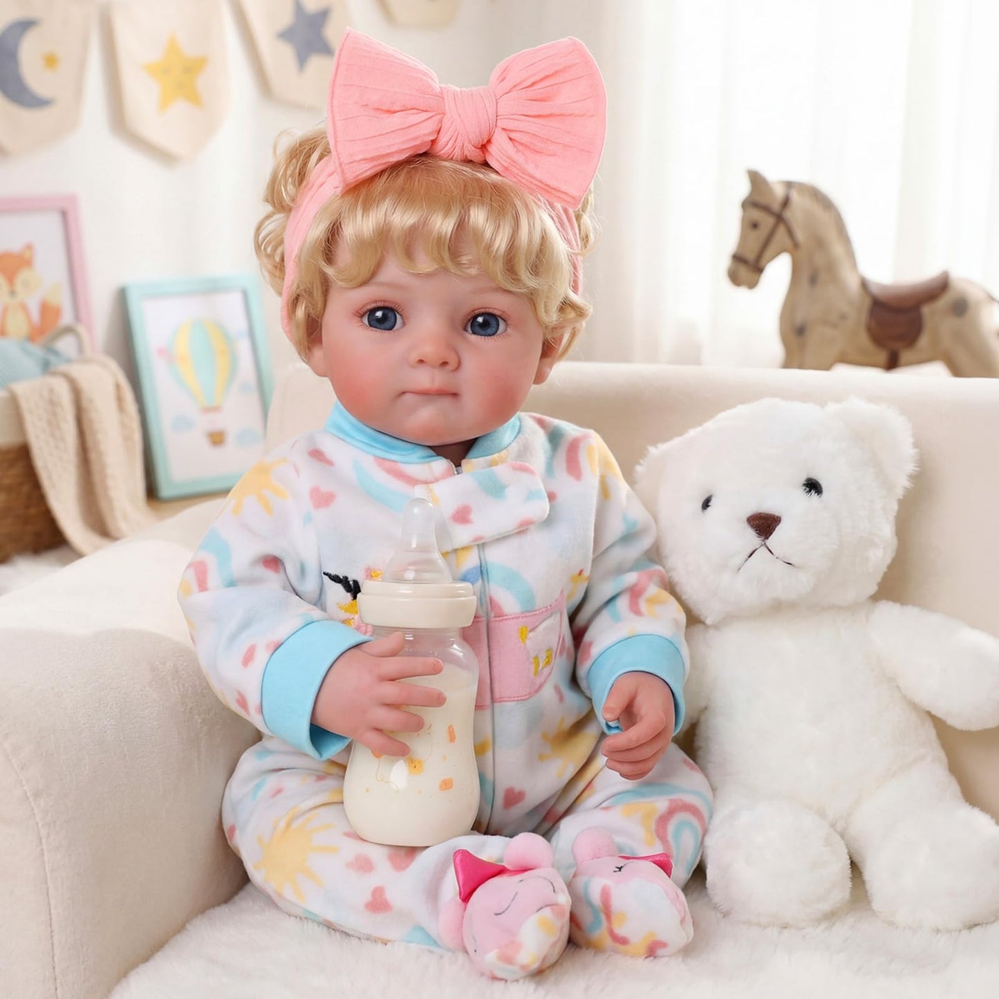 BABESIDE Reborn Baby Dolls with Moving Eyes,17 Inch Realistic Baby Doll Girl with Blond Curly Hair, Real Life Baby Doll with Accessories, Gift for Kids 3+ Pretend Play, Collection