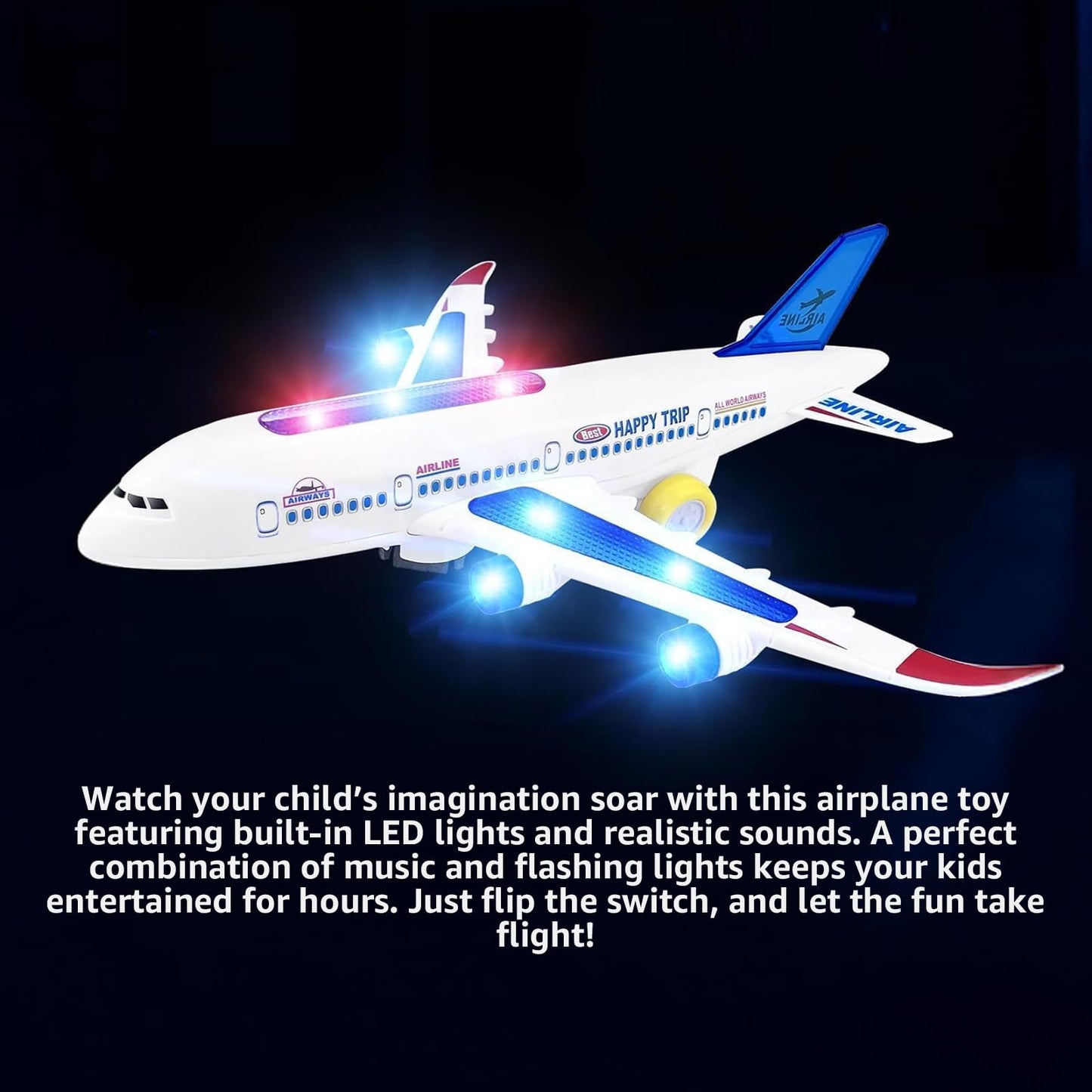 AtomDream Tech Aeroplane Toy - Electric Aeroplane Toy with Flashing LED Lights & Sounds – Bump and Go Mechanism, Durable ABS Construction, for Kids Ages 3-8