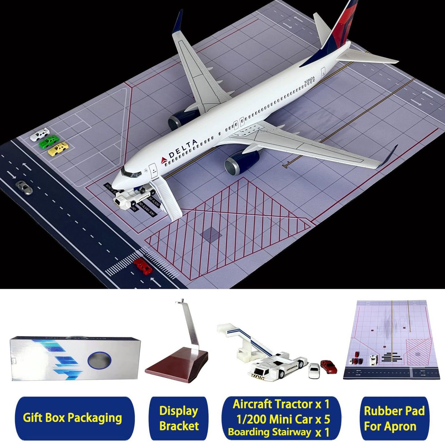 B737 Model Airplane 18.5 Inches Long 1/150 Scale 737 Aircraft with LED Lights and Airport Scene Accessories Ideal Display and Gift