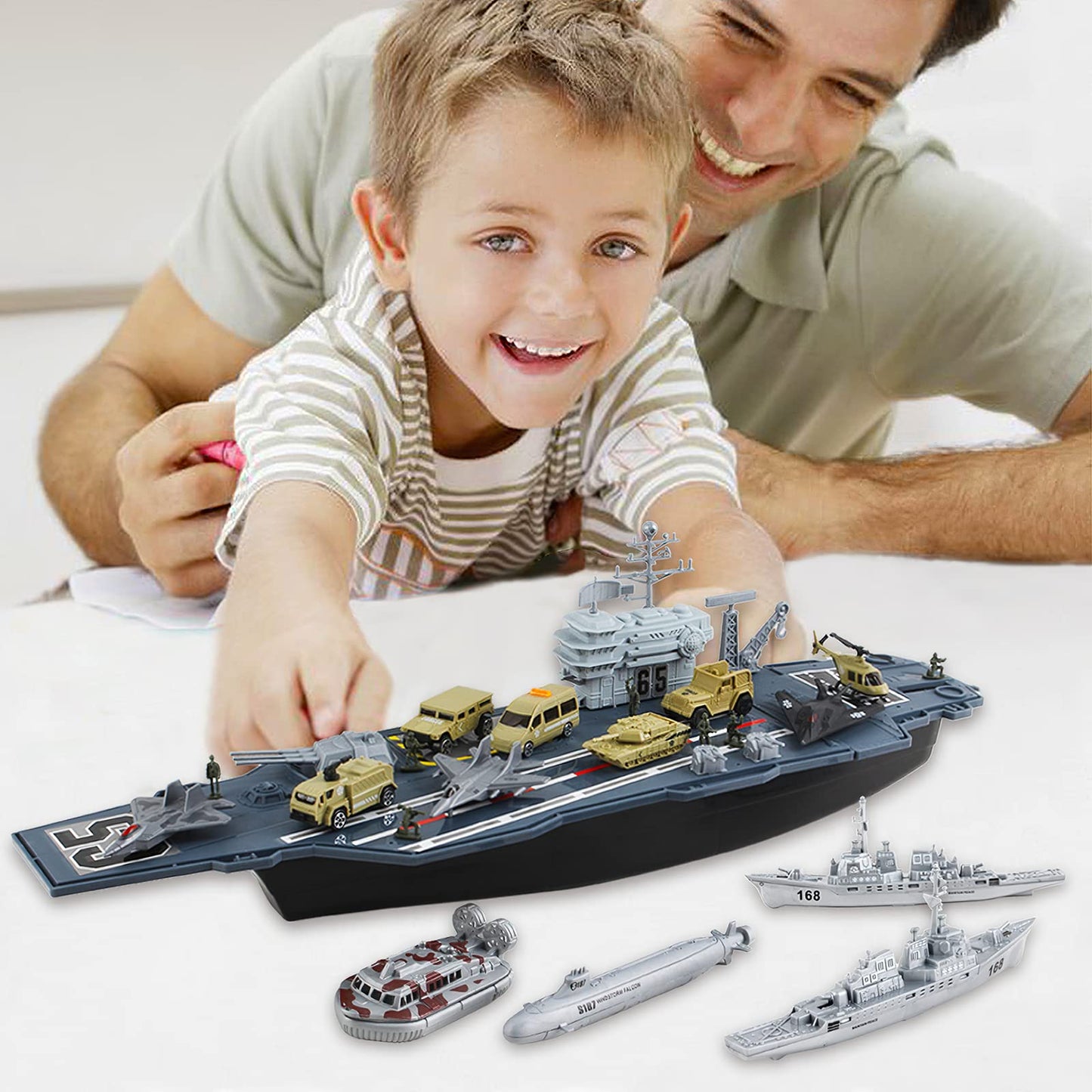 deAO Aircraft Carrier Toy Army Men with Scale Model Warplanes Warships Military Vehicles Battleship Planes Helicopter Trucks Tank Toys for Kids Boys Girls 28 Inches