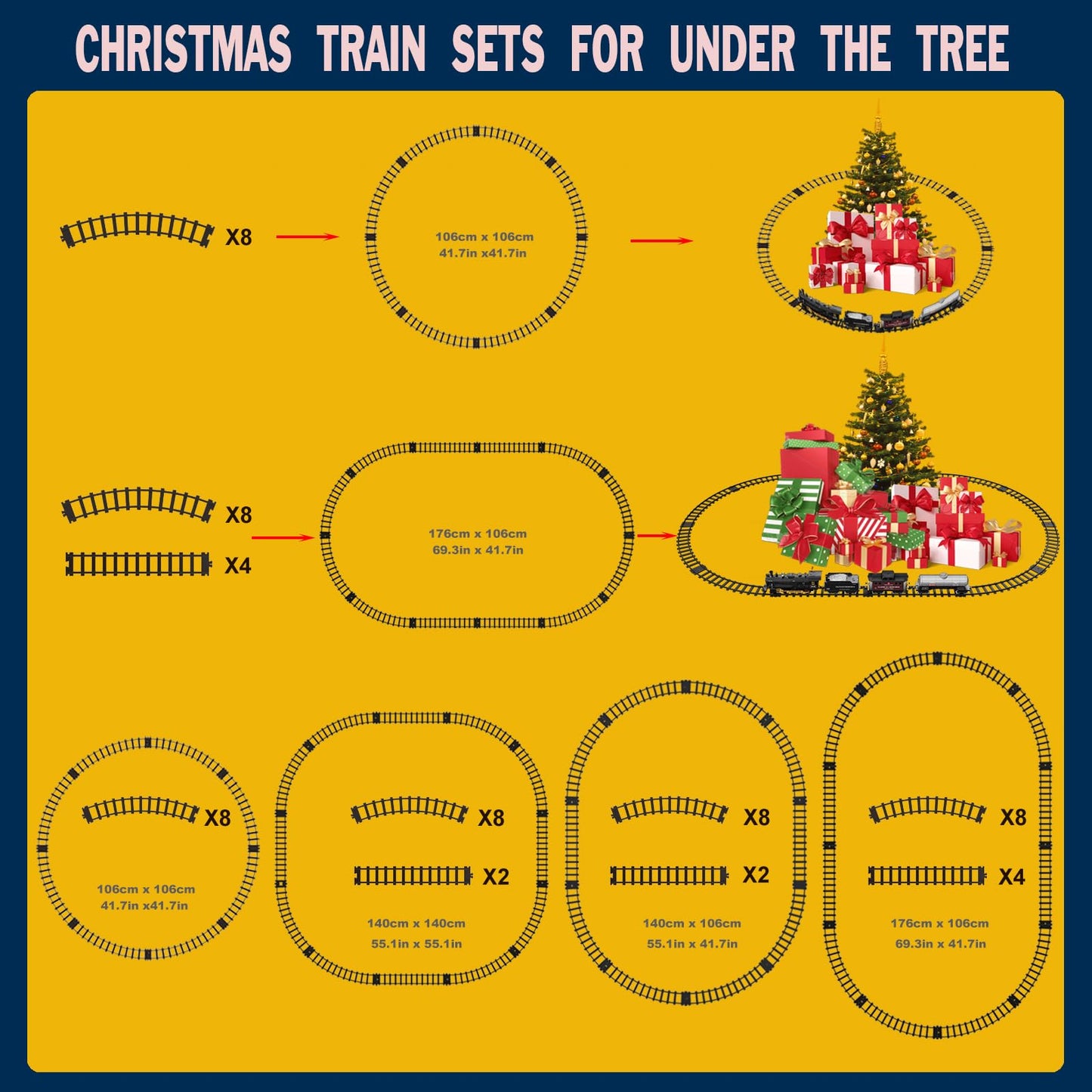 Electric Remote Control Train Set Christmas Trains Steam Locomotive, Cargo Car & Tracks, Rechargeable Train Toys for Kids w/3 Smoke,Whistle & Lights, Christmas Birthday Gift for Boys Girls 3 4 5 6 7