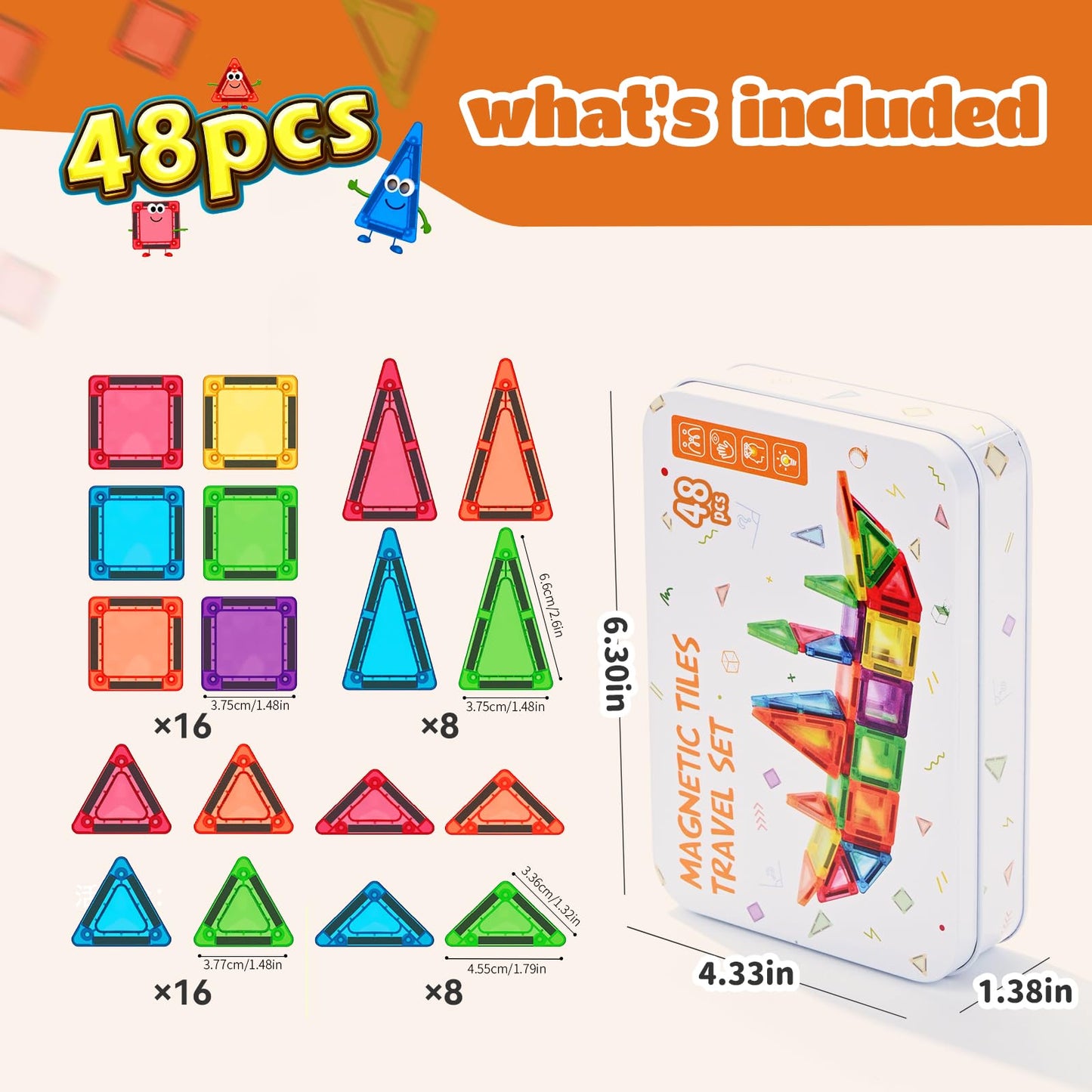 ZNZ Mini Magnetic Tiles 48PCS Travel Toys for Kids, Airplane Travel Activities Magnet Building Toys for Girls Boys 3-8 Road Trip ‌Sensory Toy, Educational Gifts for Toddler 3 4 5 6 Year Old
