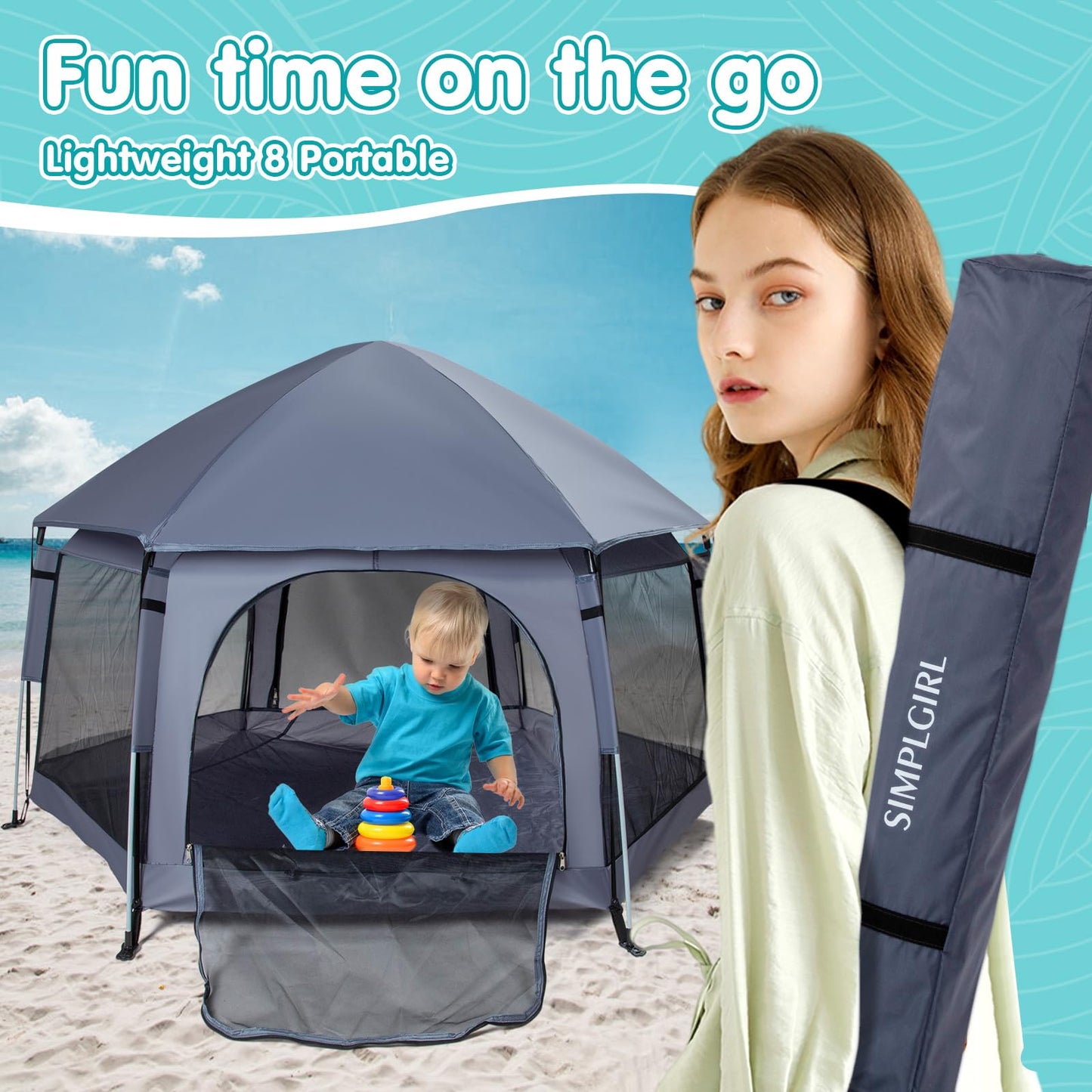 Premium Indoor and Outdoor Baby Playpen - Portable, Lightweight, Pop Up Pack and Play Toddler Play Yard w/Canopy and Travel Bag- Grey