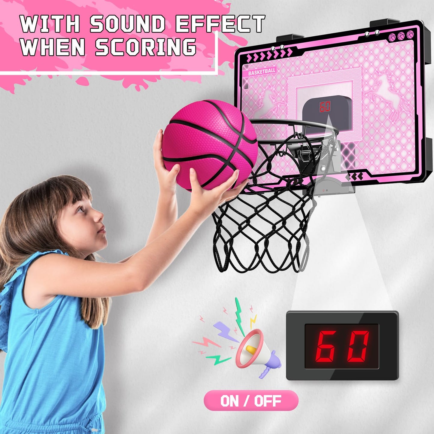 Basketball Hoop Indoor Kids Girls Pink - Mini Over The Door Basketball Hoops with Electronic Scoreboard Toys & 3 Balls, Unicorn Birthday Gifts Age 5 6 7 8 9 10 11 12 Year Old Girls