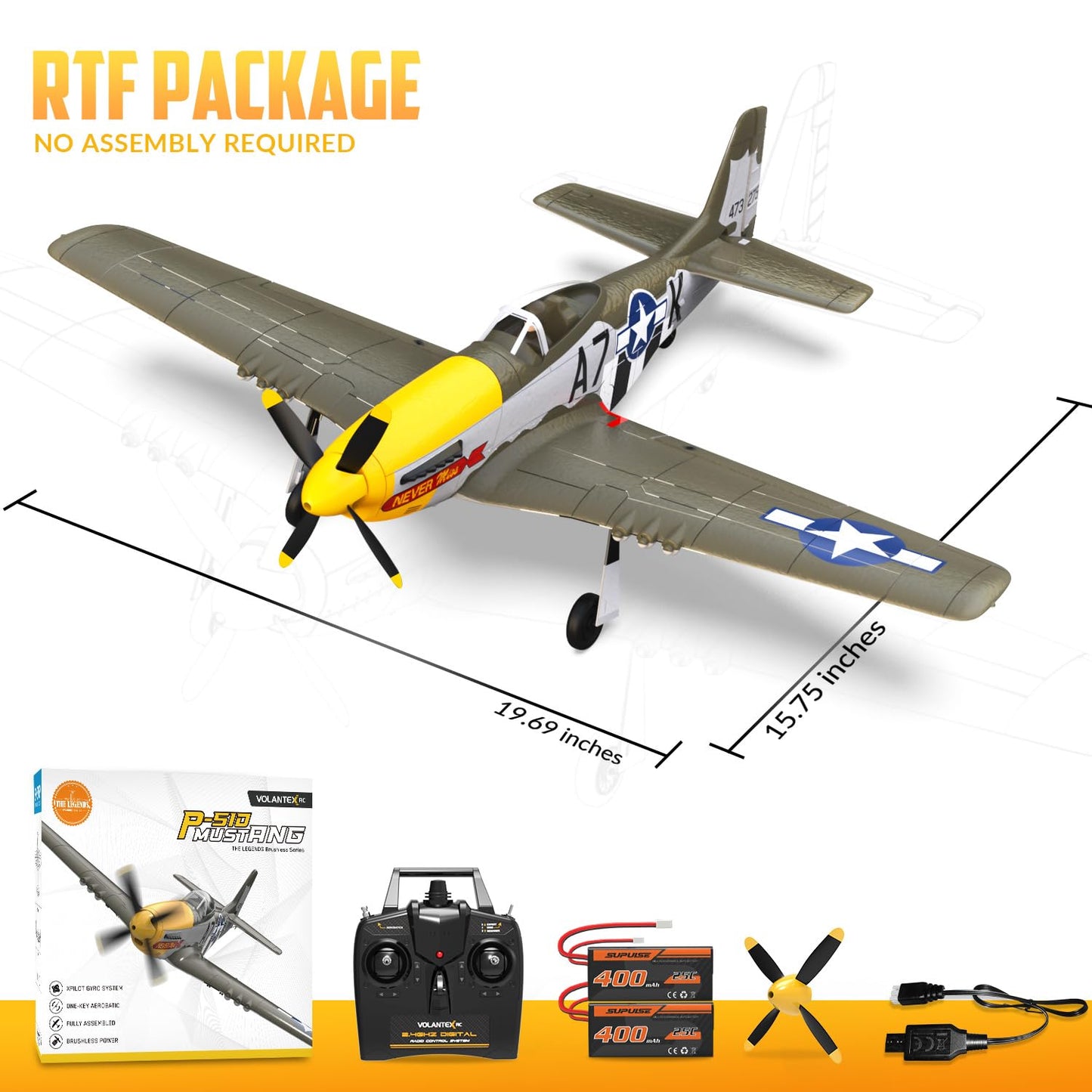 volantexrc Brushless 4CH RC Plane P51D Mustang 500mm Remote Control Airplane Fighter RTF with 6-Axis Gyro, 3 Modes & Aerobatics, 2.4GHz Radio Controlled Aircraft for Beginners & Adults