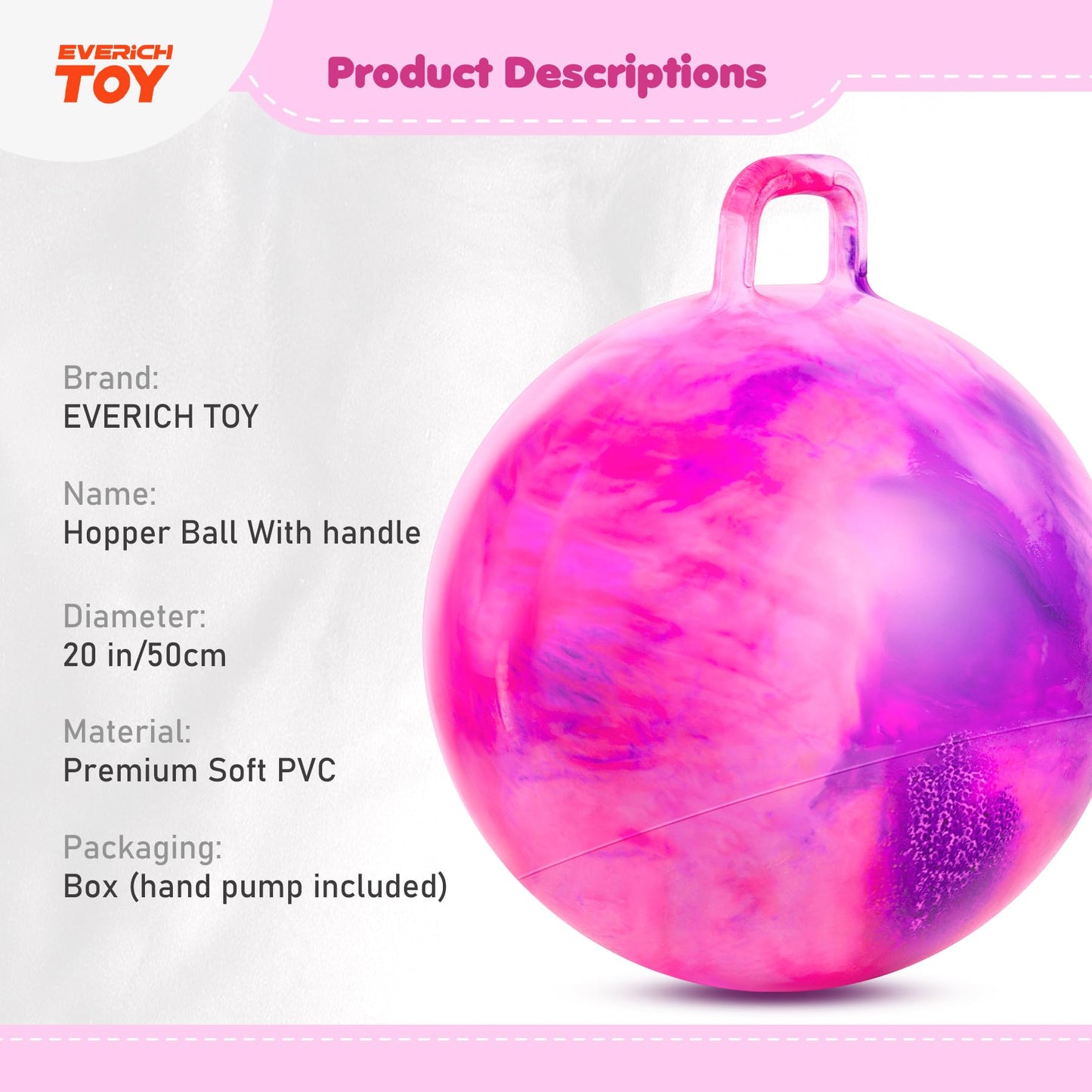 EVERICH TOY Hopper Ball for Kids, 20In Ride On Bouncy Balls with Handle, Purple Pink Clouds Girls Toys for Indoor Outdoor Active Play Toys Easter Basket Stuffers Girls Boys Gifts for 7 8 9 10 Yr Old