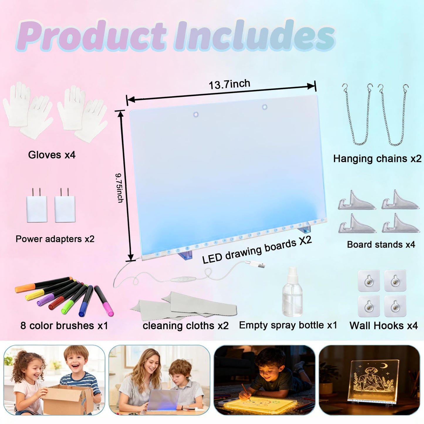 2026 LED Drawing Board with Colors, Glow Doodle Acrylic Dry Erase Board for Kids Ages 6+, 13.7"x10" Rechargeable Light Up Note Boards for Boys & Girls Drawing & Creative Play