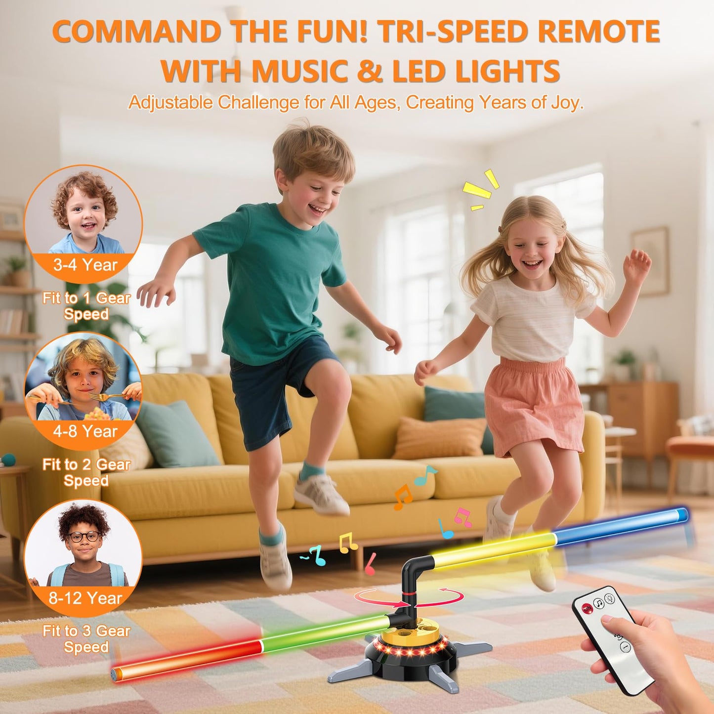 TERRAMUS 3 in 1 Bean Bag Ring Toss Game for Kids, Rechargeable Musical Jumping Games w/LED Light & Remote, Electric Spinning Base, Sandbags, Rings, Carnival Indoor Outdoor Sport Toy for 3+ Boys Girls