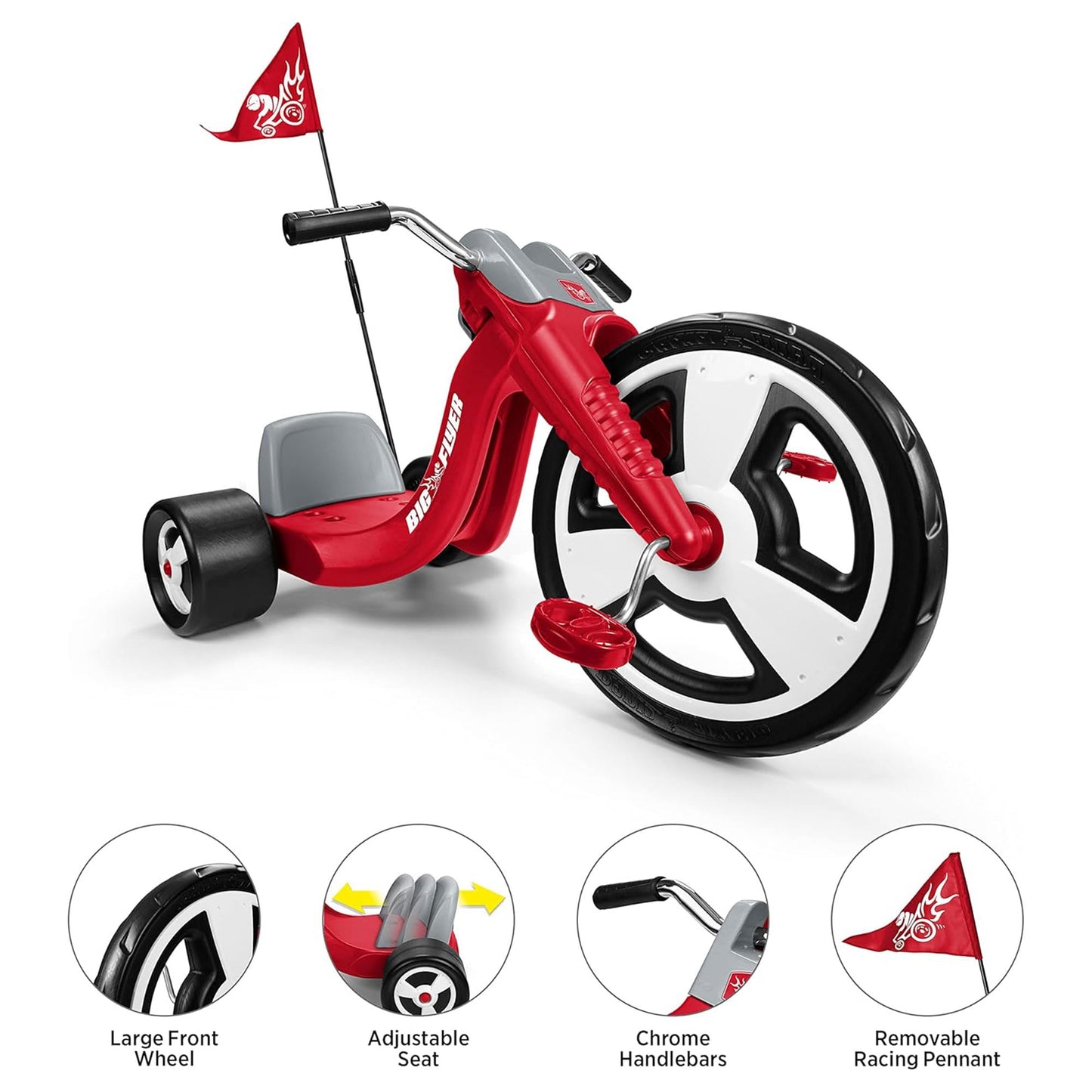 Radio Flyer Big Flyer Sport, for Kids 3-7, Chopper-Style Tricycle with 16-Inch Front Wheel, Adjustable Seat, Chrome Handlebars, Removable Racing Pennant, Performance Grip Tread, Tricycle for Kids