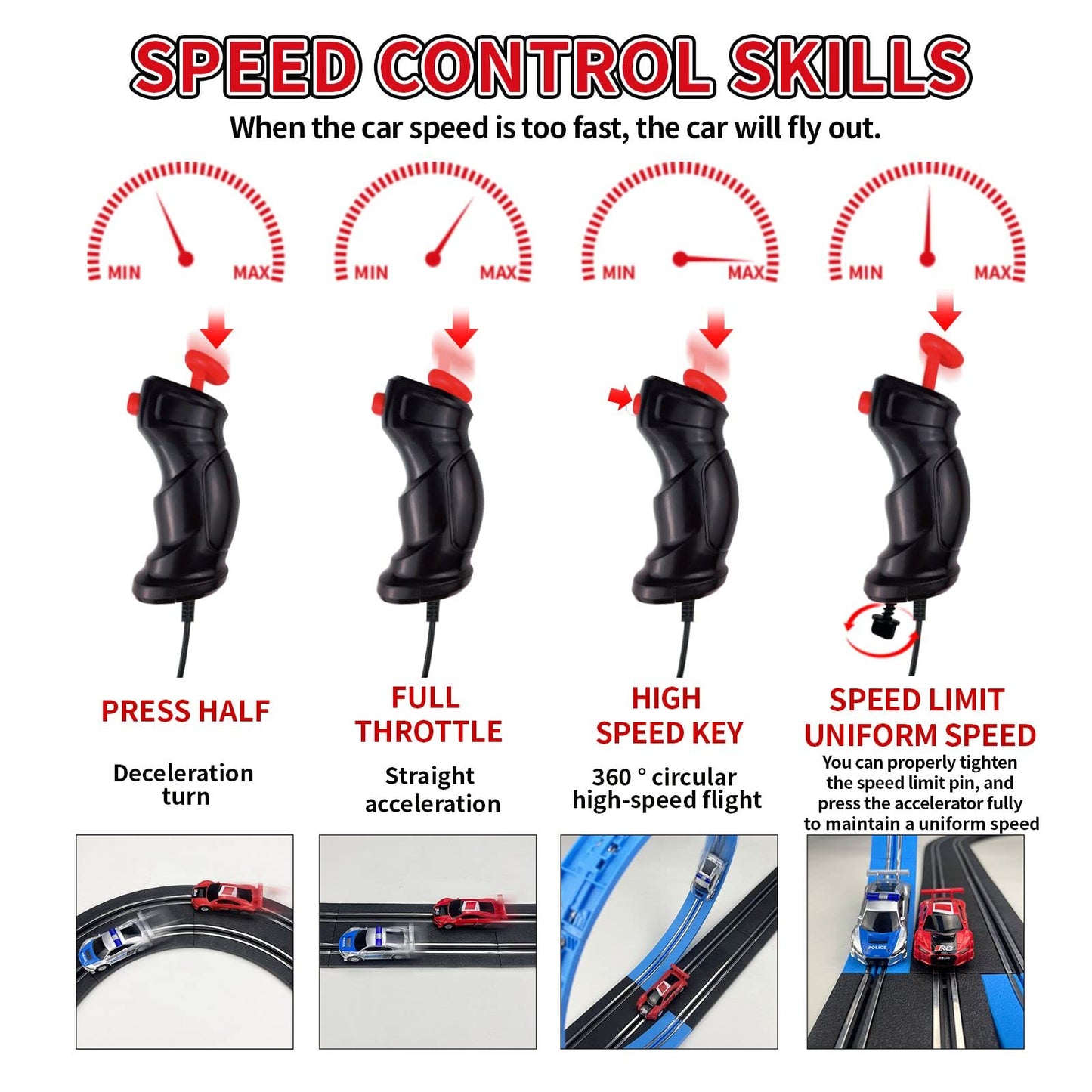 AGM MASTECH Slot Car Race Track Set, High Speed Series Tram Dual Track Set with 4 Licensed Racing Slot Cars, 2 Hand Controls, Track Parts and Lap Counter, 8.4M Long Track, Color Box