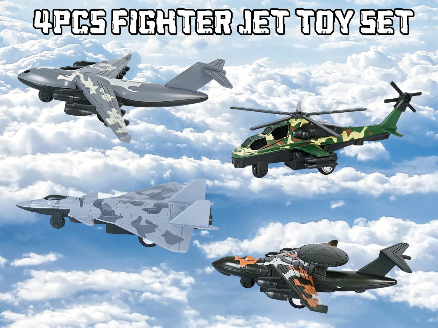 Crelloci 4PCS Army Airplane Toys Set-Diecast Aircraft Plane Model Kit Military Fighter Jet Playset Helicopter Camouflage Pull Back Aircraft Kids Play Vehicle for 3+Year Old Boys Girls