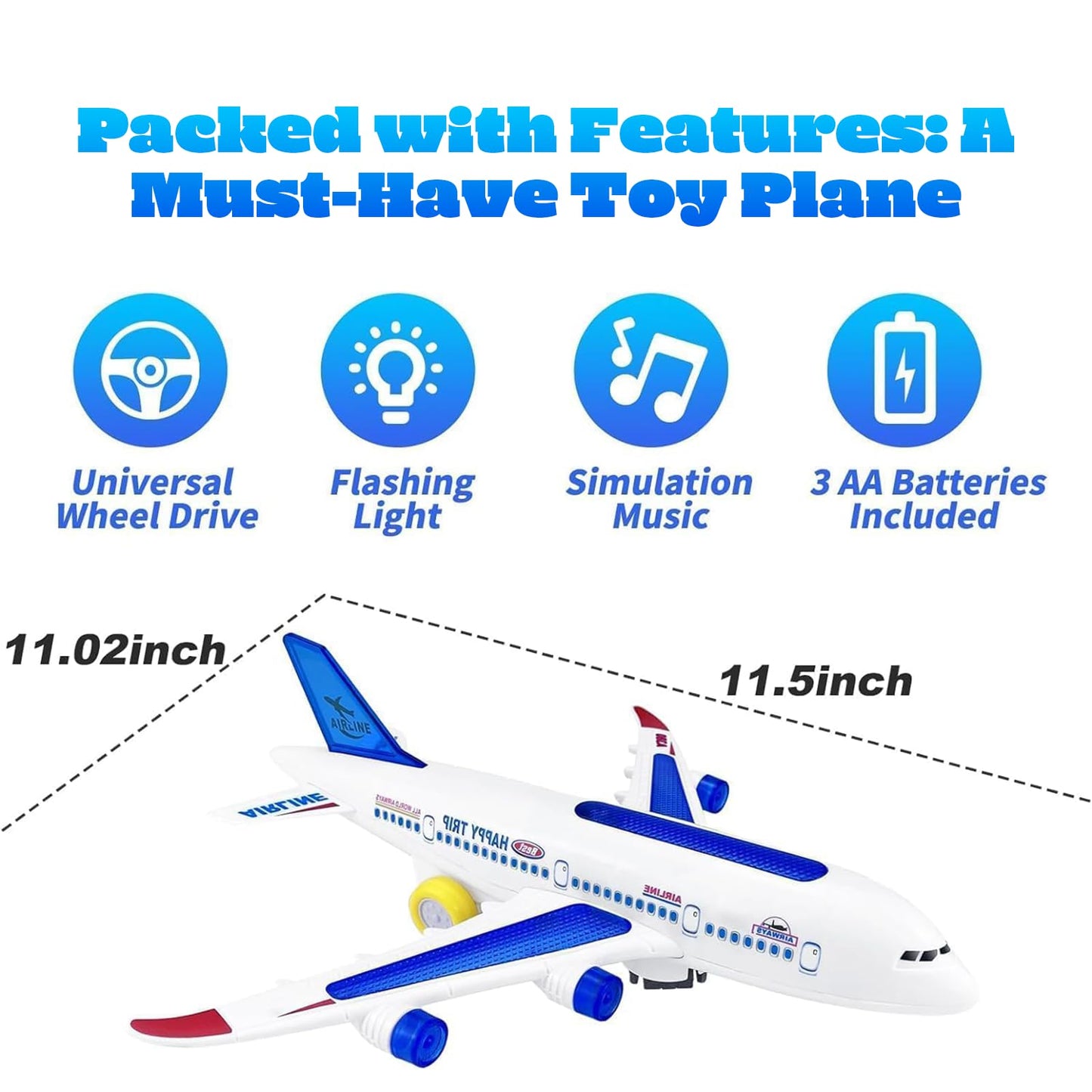 AtomDream Tech Aeroplane Toy - Electric Aeroplane Toy with Flashing LED Lights & Sounds – Bump and Go Mechanism, Durable ABS Construction, for Kids Ages 3-8