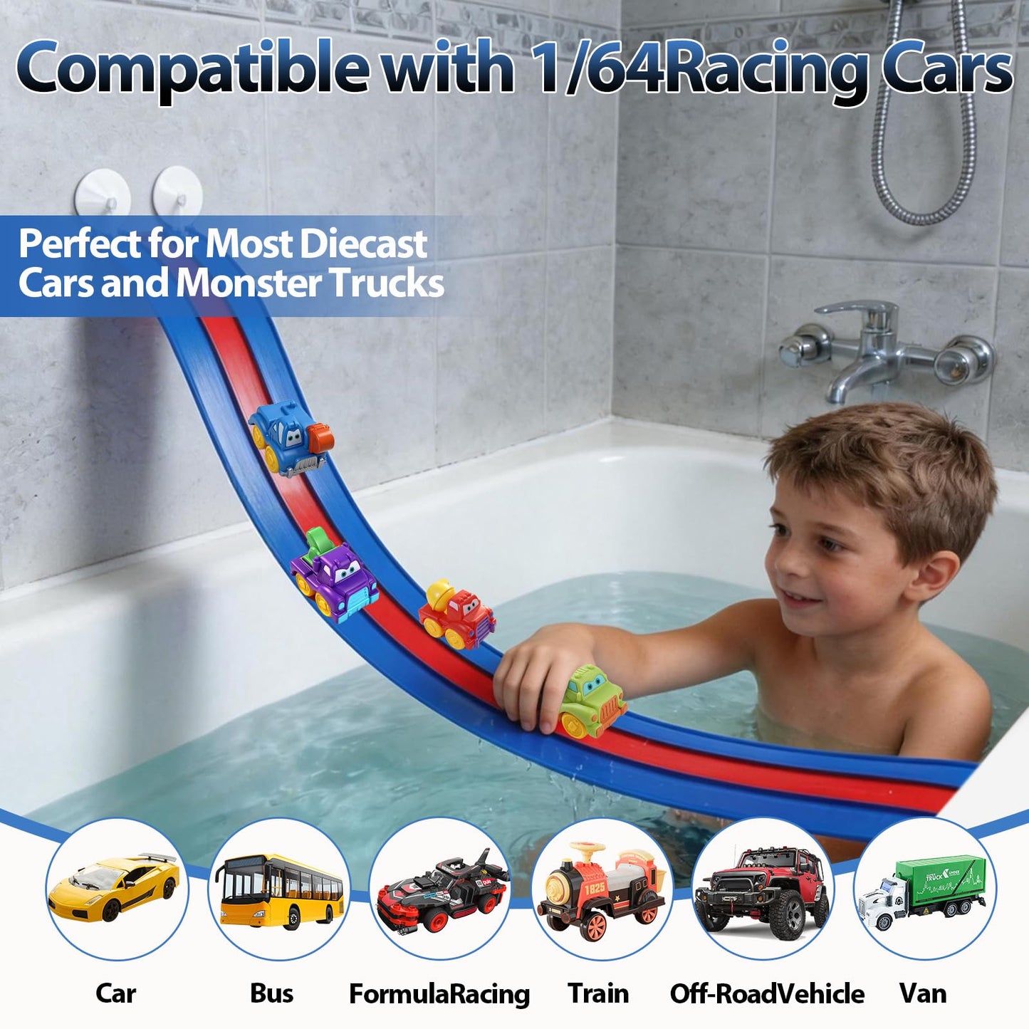 Bathtub Race Track Race Car Bath Toy Set,12PCS Kids Bath Toys，Three-Track Suction Cup Flexible Race Track Toys for Kids,Racing Gifts,Compatible with Hot Wheels & Diecast 1/64th Cars,Including net Bag