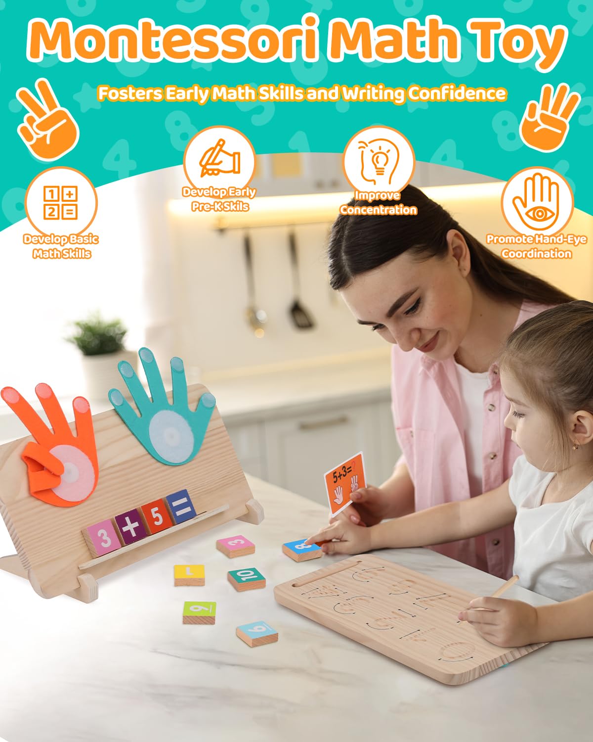 Montessori Learning Toys for Toddlers 2-4, Double-Sided Finger Counting & Number Tracing Board, Number Blocks,Solid Pine Wood Educational Math Toy for Kids Boys Girls Ages 3 4 5 Year Old Birthday Gift