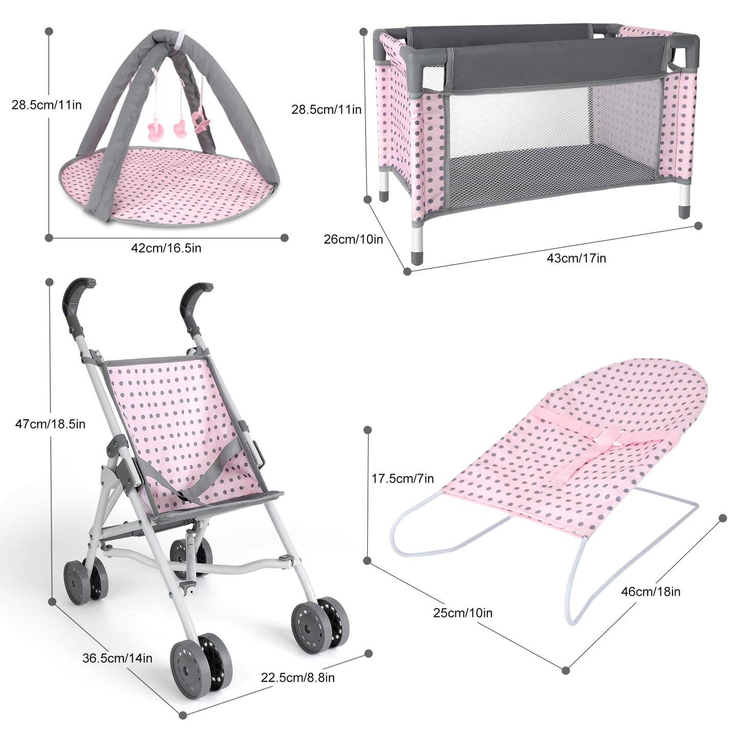 deAO Baby Doll Stroller Crib Bed Nursery Role Play Set Baby Doll with Accessories and Play Mat,Travel Cot,Bouncer,Foldable Stroller and Travel Bag Gifts for Toddlers Girls Boys