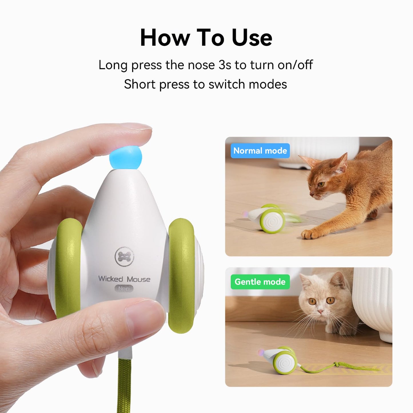 Cheerble Interactive Cat Toys for Indoor Cats, Automatic Moving Kitten Toys, Wicked Mouse Neo Cat Toy with Tail & Lights, Pet Cat Supplies, Rechargeable Cat Toys for Bored Indoor Adult Cats