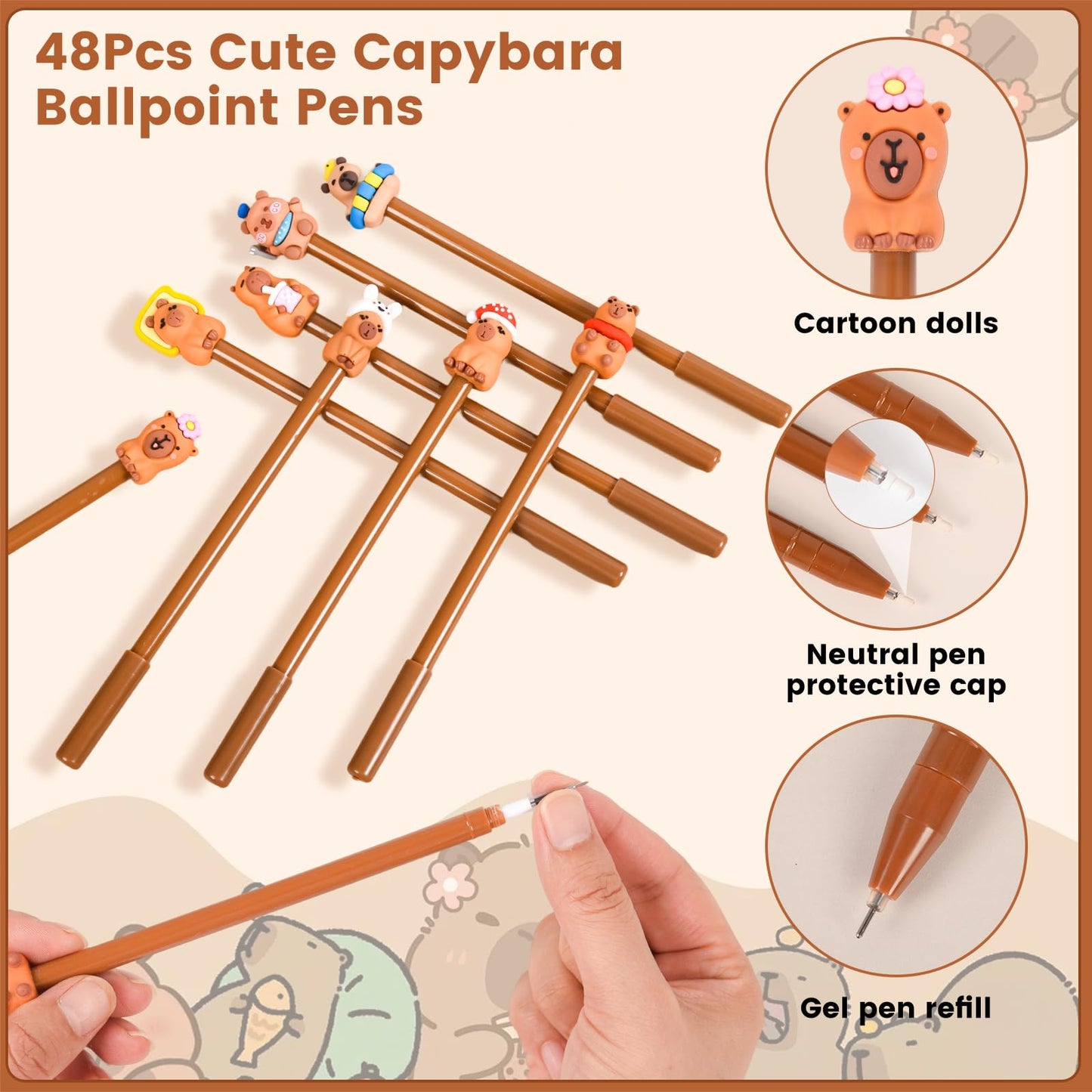LiYiQ 48Pcs Capybara Cartoon Cute Fun Pens Kawaii Animal Gel Black Ink Pen, Cute Capybara Pens for Office Home Present