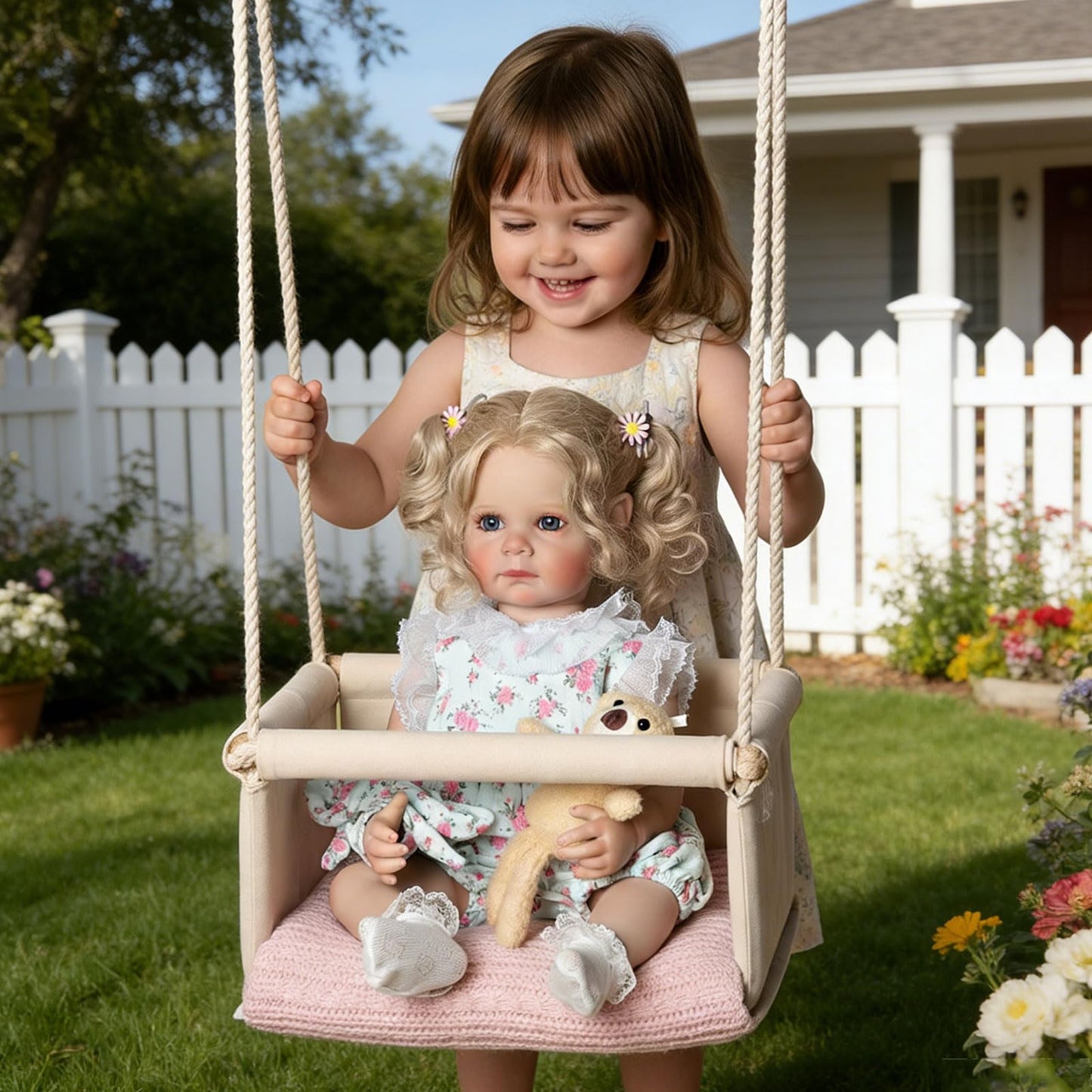 Tookyhill Lifelike Reborn Baby Doll - 22 Inch Realistic Blonde Toddler Doll with Curly Hair, Blue Eyes & Soft Plush Bear, BPA-Free Poseable Full Body Vinyl Real Life Doll for 3+ Kids Pretend Play