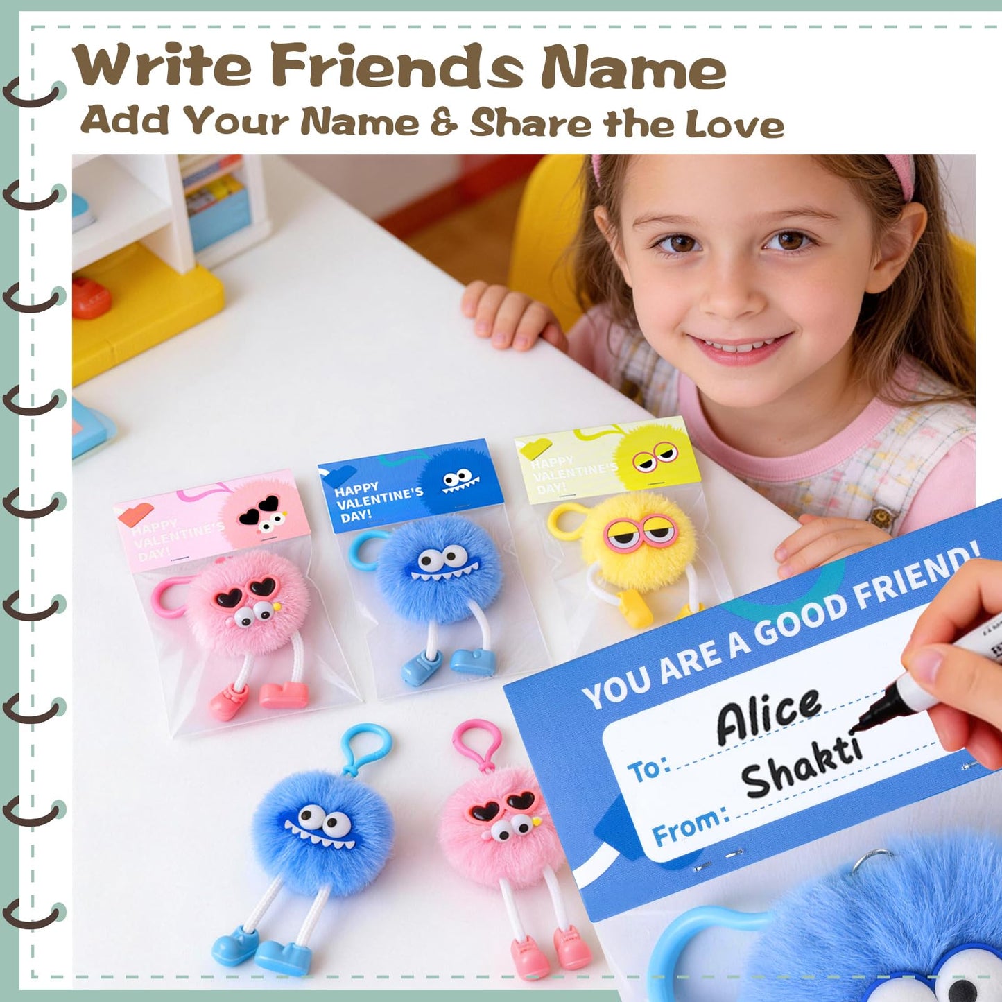 MEADIN Valentines Day Gifts for Kids - 24 Pack Pre-filled Plush Toys Keychains with Valentine's Gift Cards for School classroom Class - Valentine Party Favors for Kids Boy Girls Toddlers